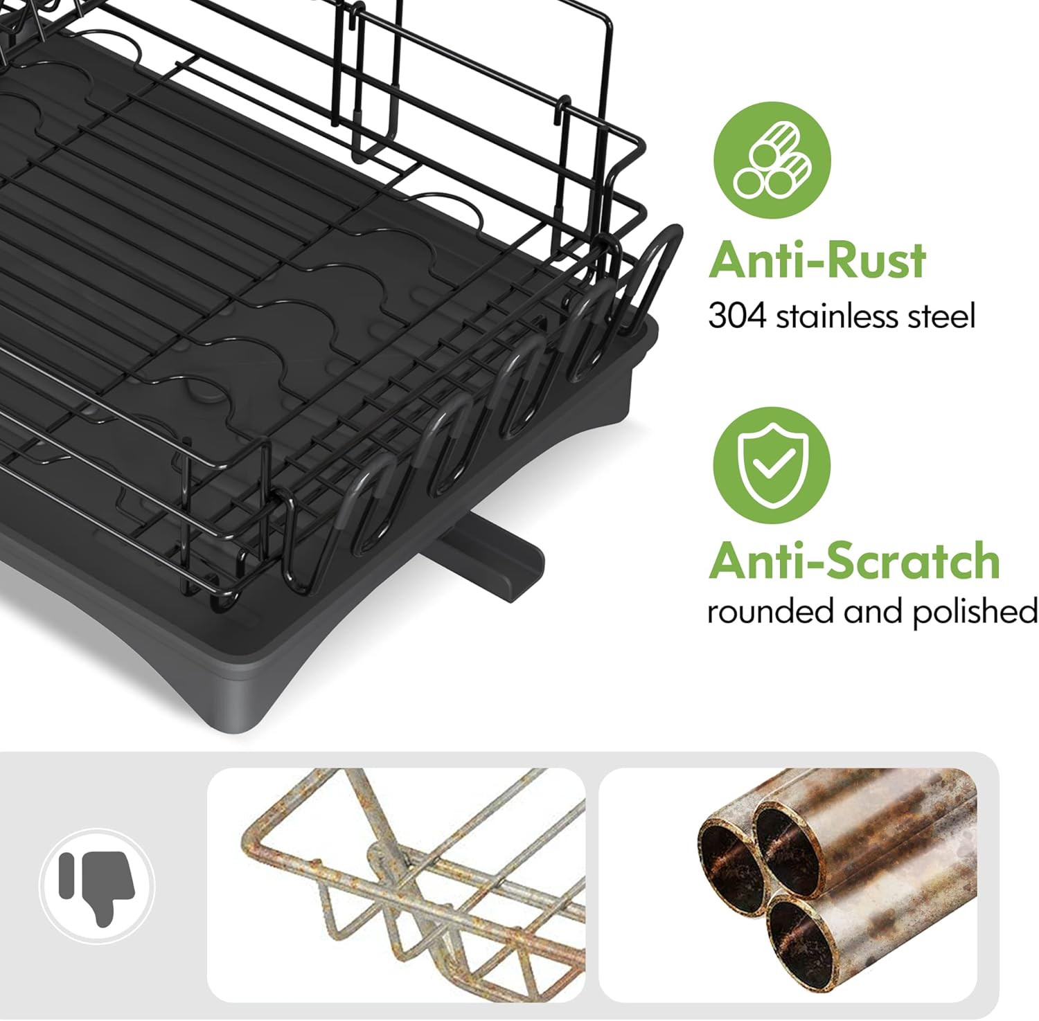 Qienrrae – Escurridor grande para platos, de acero inoxidable, con 2 niveles y drenaje para la encimera de la cocina, tiene soporte para copas de