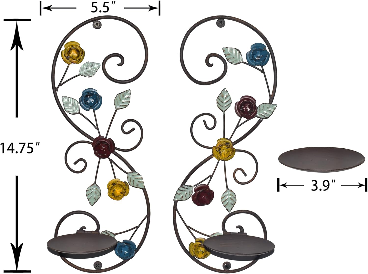 Juego de 2 candelabros de pared, diseño de ramas de hojas multicolor antiguas, soporte de pared de metal para colgar velas para sala de estar,
