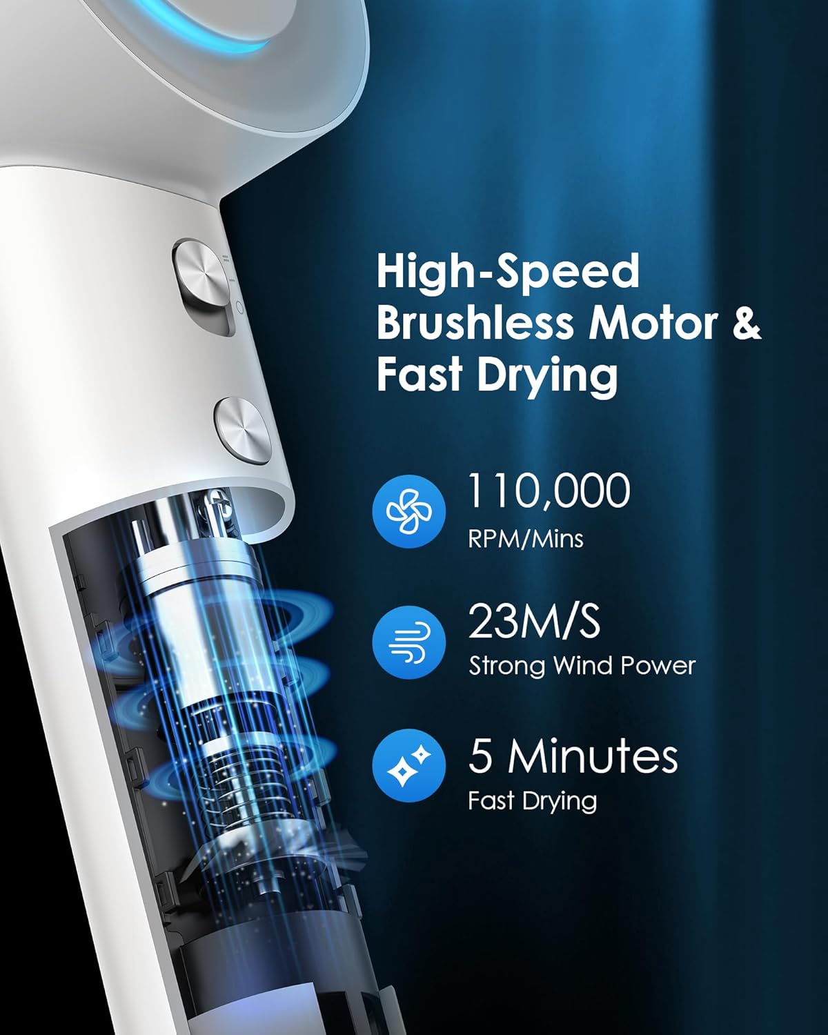 zhiyangfei – Secador de pelo, secador de iones negativos para mujeres y hombres, motor sin escobillas de 110, 000 RPM, 3 ajustes de calor, boquilla