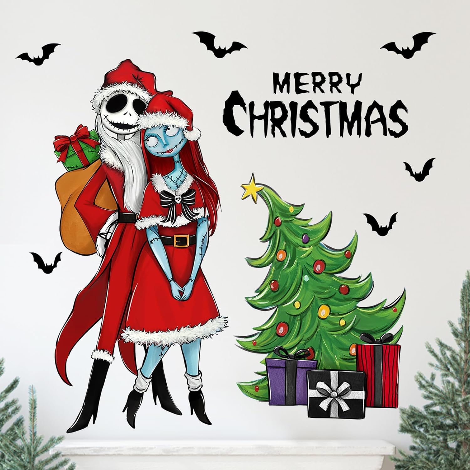Mfault Calcomanías de pared con texto en inglés Merry Christmas Nigh.tmare BEF.ore, Jack Skellington Sally, árbol de Navidad, cráneo, murciélagos,