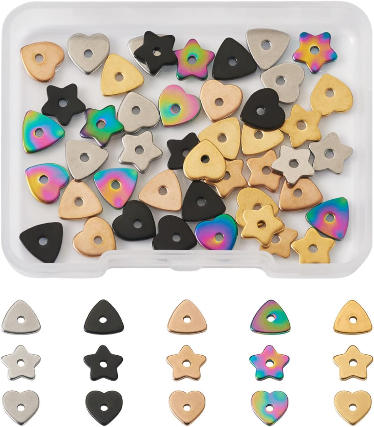 60 cuentas de acero inoxidable con forma de triángulo de estrella, triángulo, corazón, estrella, espaciadores de metal para manualidades, pulseras,