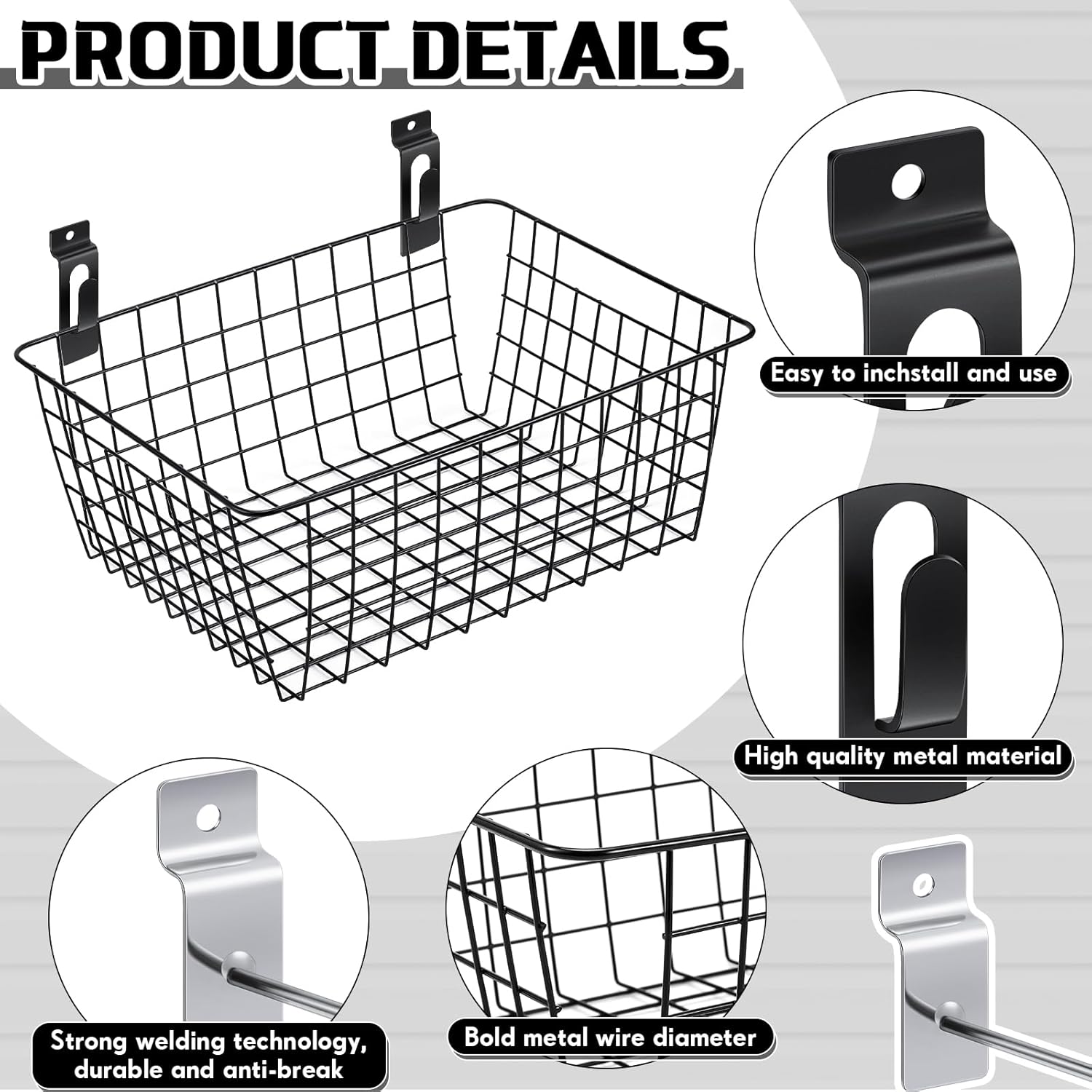 4 cestas de pared con ganchos de Slatwall, cestas de pared, cestas de almacenamiento colgantes, cestas de metal, cubos de Slatwall, ganchos para