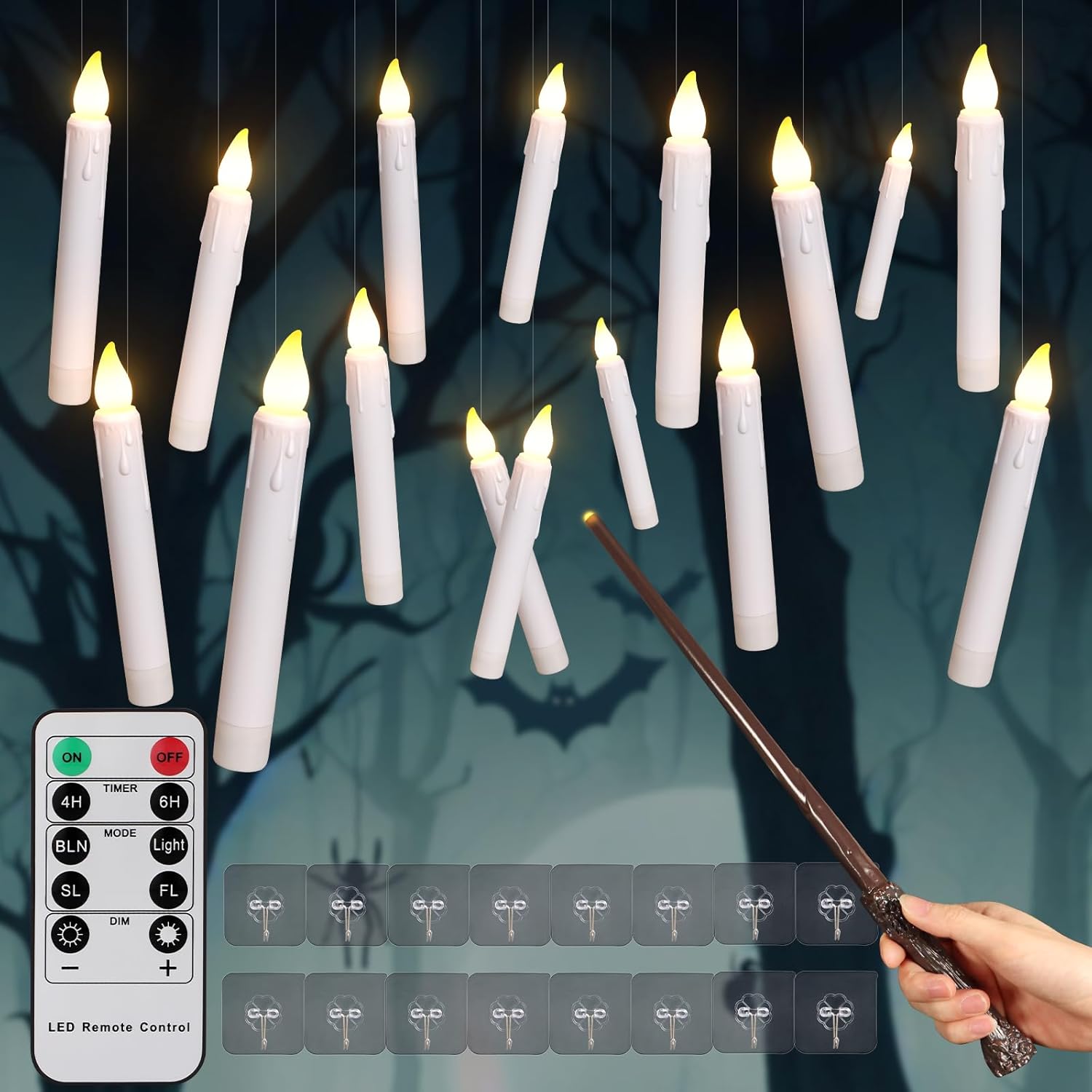 16 velas flotantes con control remoto de varita mágica, velas cónicas sin llama de 6.7 pulgadas, velas LED colgantes de Halloween, velas de ventana