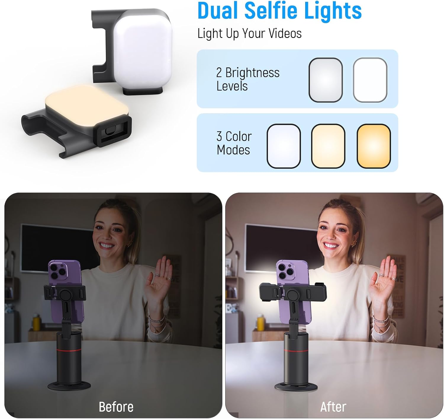 Trípode de seguimiento facial automático con luces de llenado, no requiere aplicación, soporte de cámara de teléfono con rotación de 360 con control
