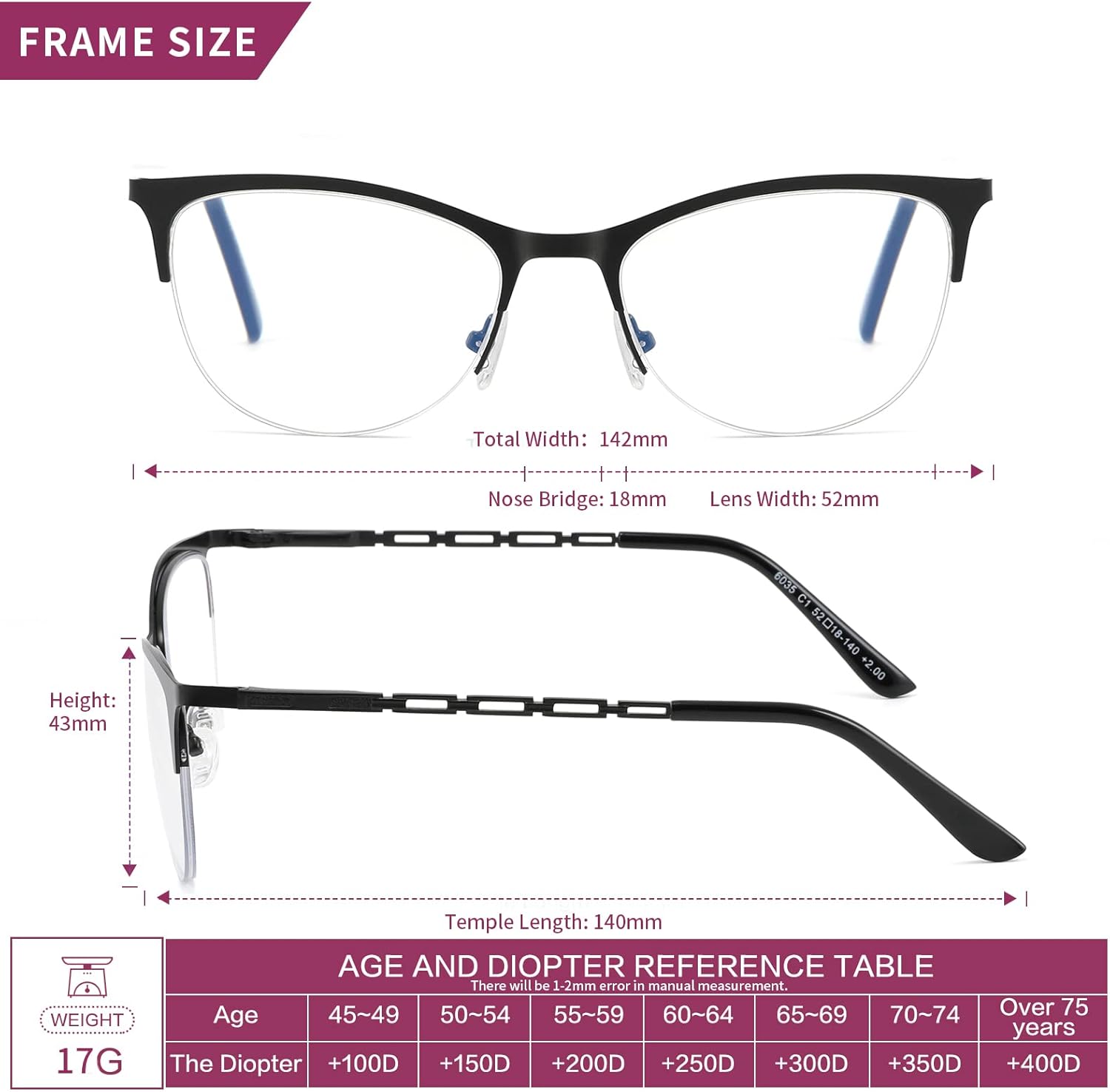 Gafas de lectura multifocales para mujer, progresivas multifocales, luz azul, lector de computadora, ojo de gato, metal, medio marco, sin línea