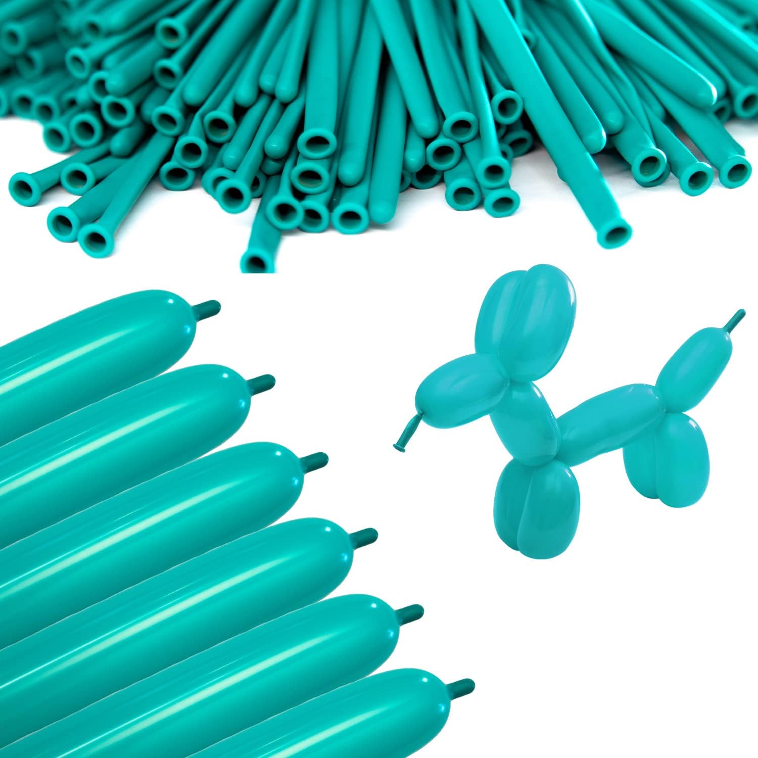 Clownatex 260 globos largos de color verde azulado (100 piezas) para animales de globo, modelado de forma de animal de látex, globos mágicos largos