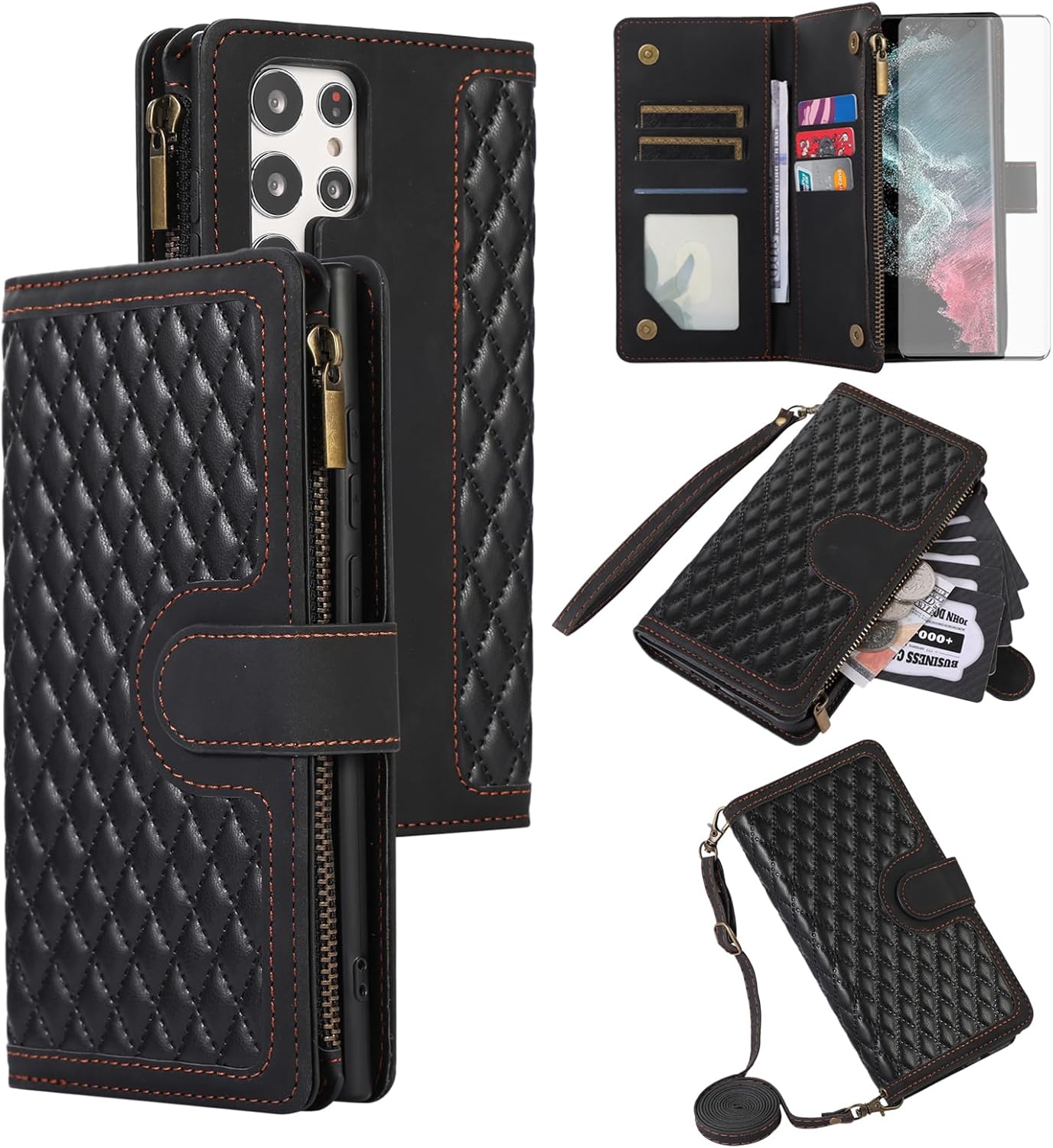 Asuwish Funda de teléfono para Samsung Galaxy S23 Ultra 5G Funda tipo cartera con protector de pantalla de vidrio templado y correa para la muñeca