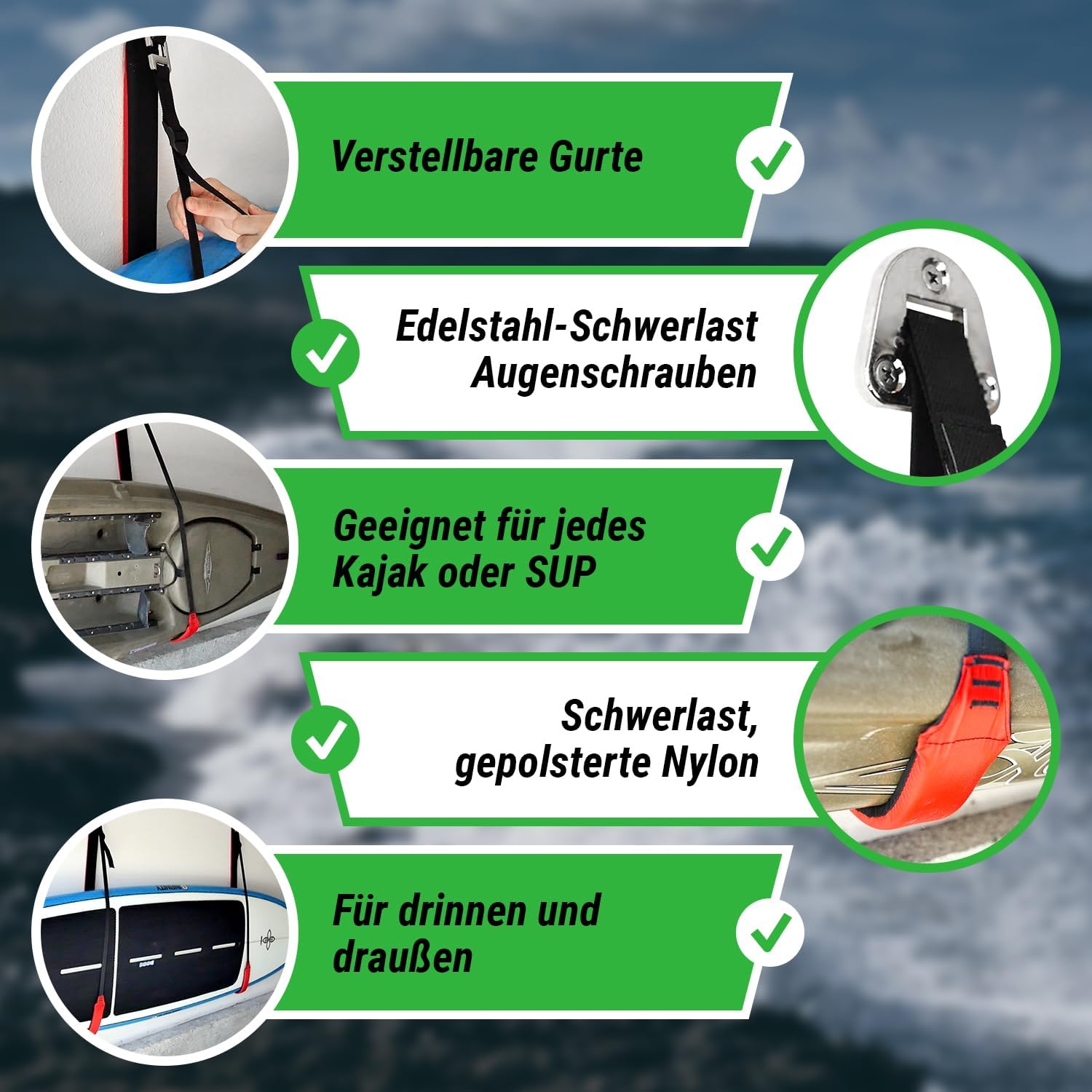 Estante de almacenamiento para kayak, correas acolchadas ajustables de alta calidad para kayaks, tabla de remo de SUP y tabla de surf para