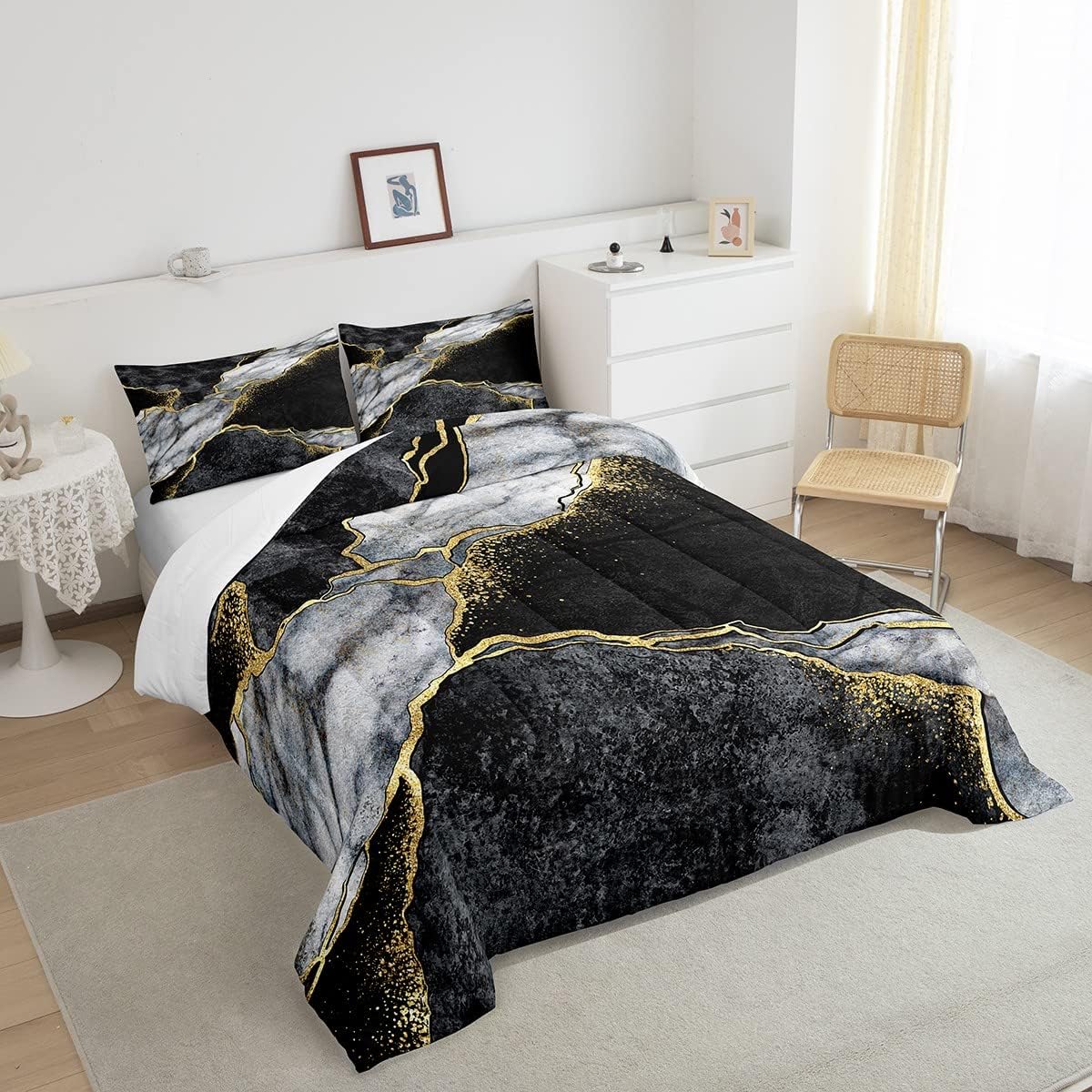 Juego de edredón de lujo negro y gris, juego de ropa de cama con lentejuelas doradas y mármol, relleno de edredón con textura abstracta de mármol
