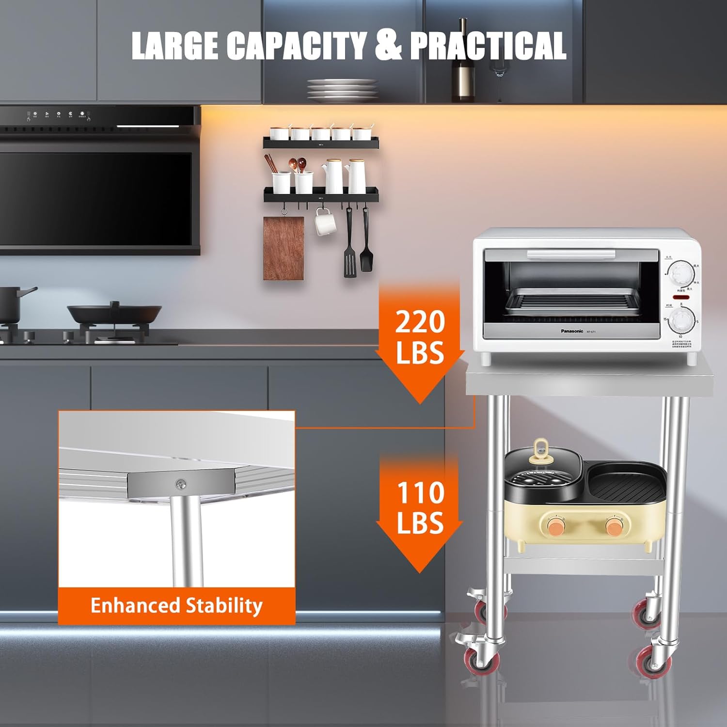 TECSPACE Mesa de trabajo de acero inoxidable con ruedas de 30 x 18 pulgadas, mesa de trabajo comercial resistente con estante inferior y ruedas,