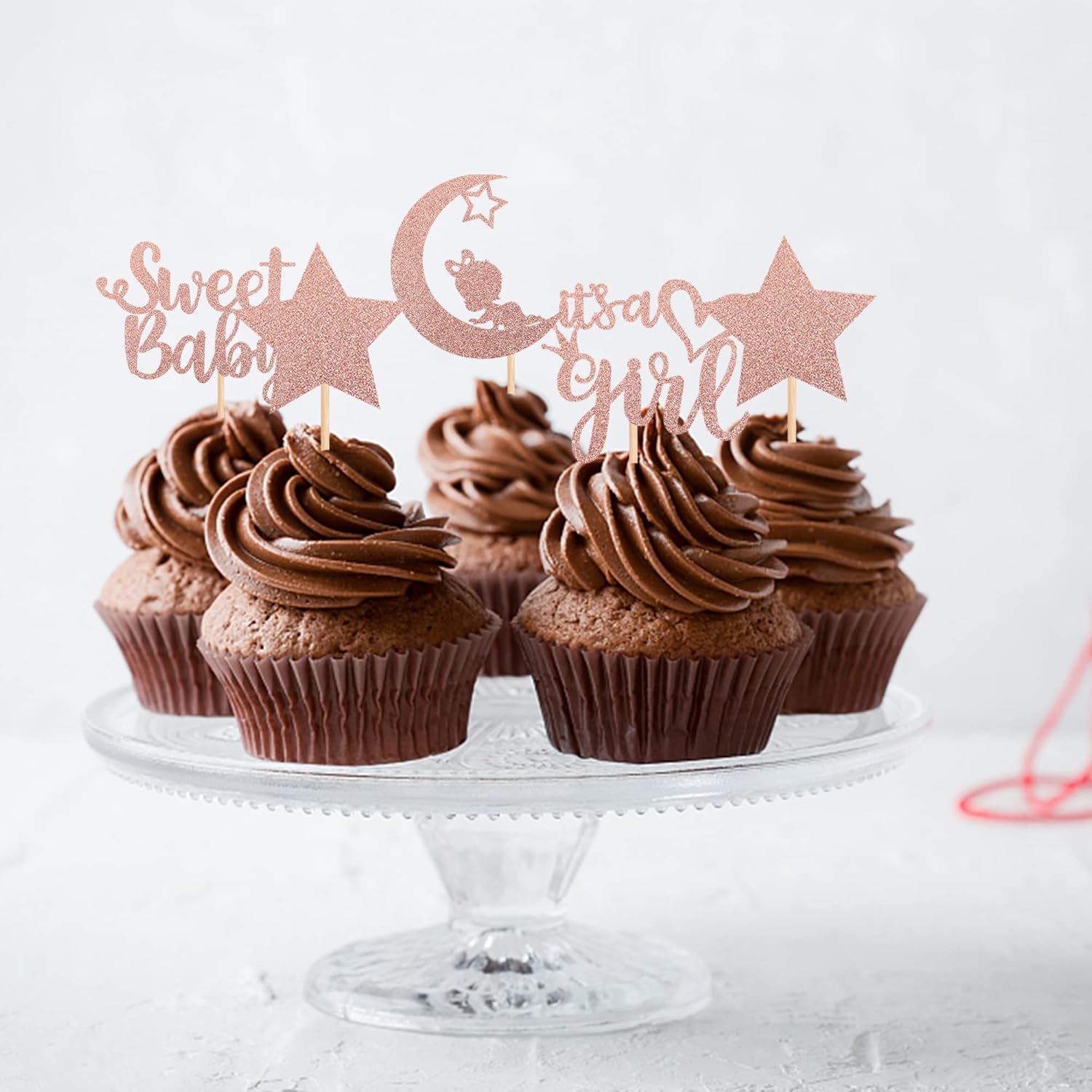 36 piezas de decoración para cupcakes para baby shower con luna con purpurina y estrella It’s a Girl Sweet Baby Reveal para cupcakes Baby Shower