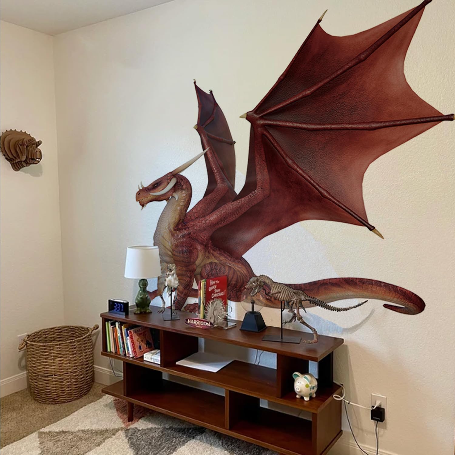 Calcomanía de pared realista de dragón rojo extra enorme, despegar y pegar, vinilo texturizado de dragón para pared, decoración de pared de dragón