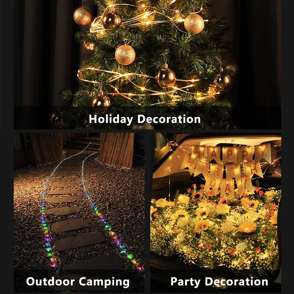 Cadena de luces para campamento tira de luces RGB de 32.8 pies para exteriores, impermeable, luz recargable con control de aplicación, brillo