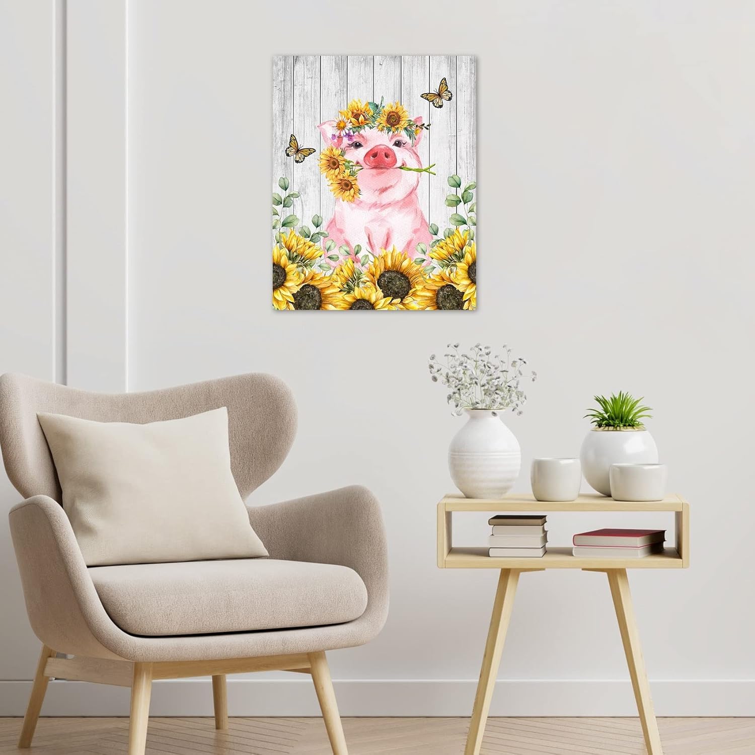 HVEST Arte de pared de girasol de cerdo, lindo cerdo y girasoles con mariposa en tablero rústico, pintura abstracta, lienzo de granja para baño,