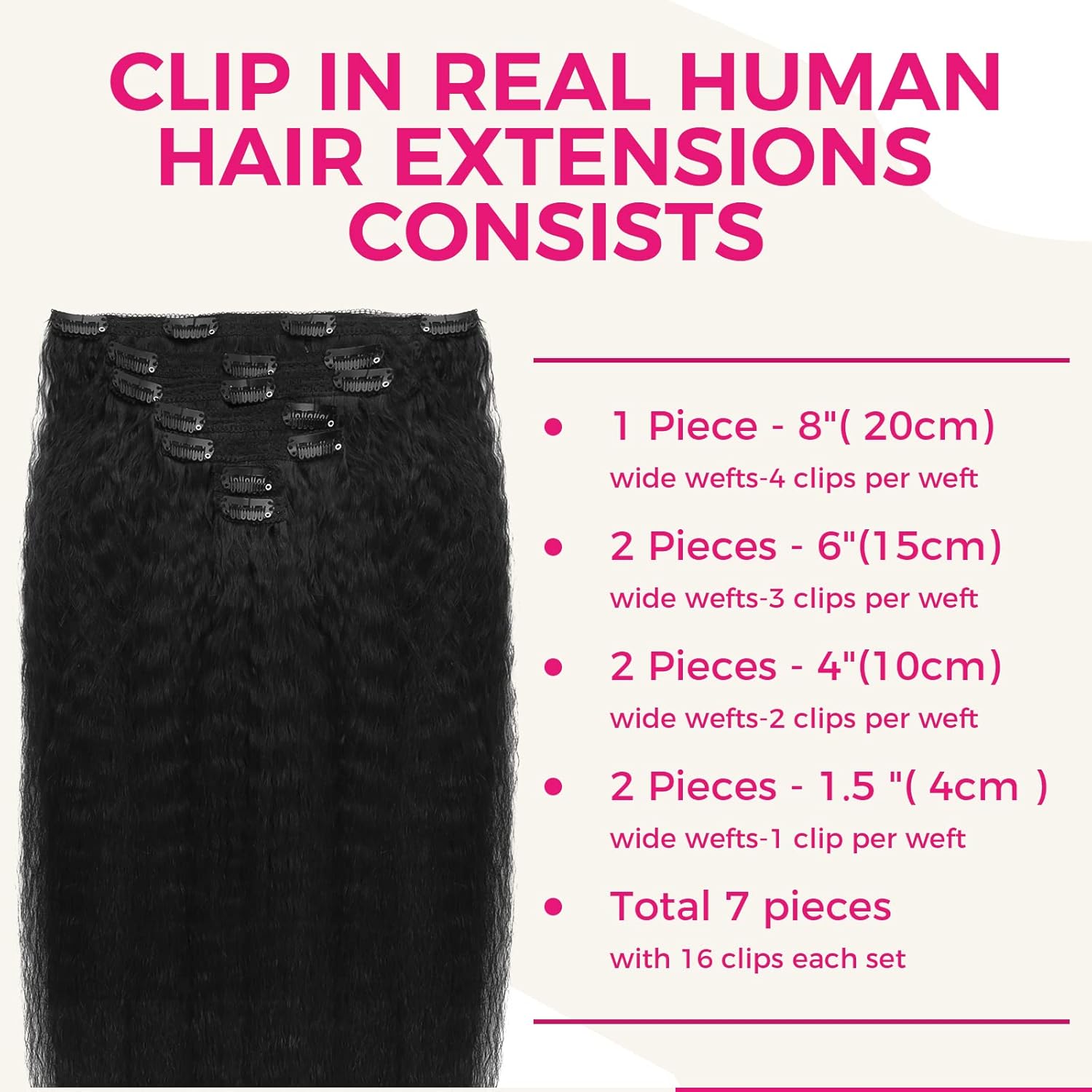 Lashey Extensiones de cabello humano real con broches, 14 pulgadas, 7 unidades, 4.23 oz, #1B, extensiones de cabello humano Remy negro natural