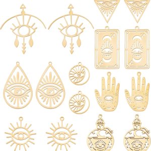 SUNNYCLUE 1 caja de 16 dijes de acero inoxidable estilo tarot Hamsa, mano de Hamsa, dije plano redondo de sol y luna, tarjeta rectangular de doble SUNNYCLUE 1 caja de 16 dijes de acero inoxidable estilo tarot Hamsa, mano de Hamsa, dije plano redondo de sol y luna, tarjeta rectangular de doble