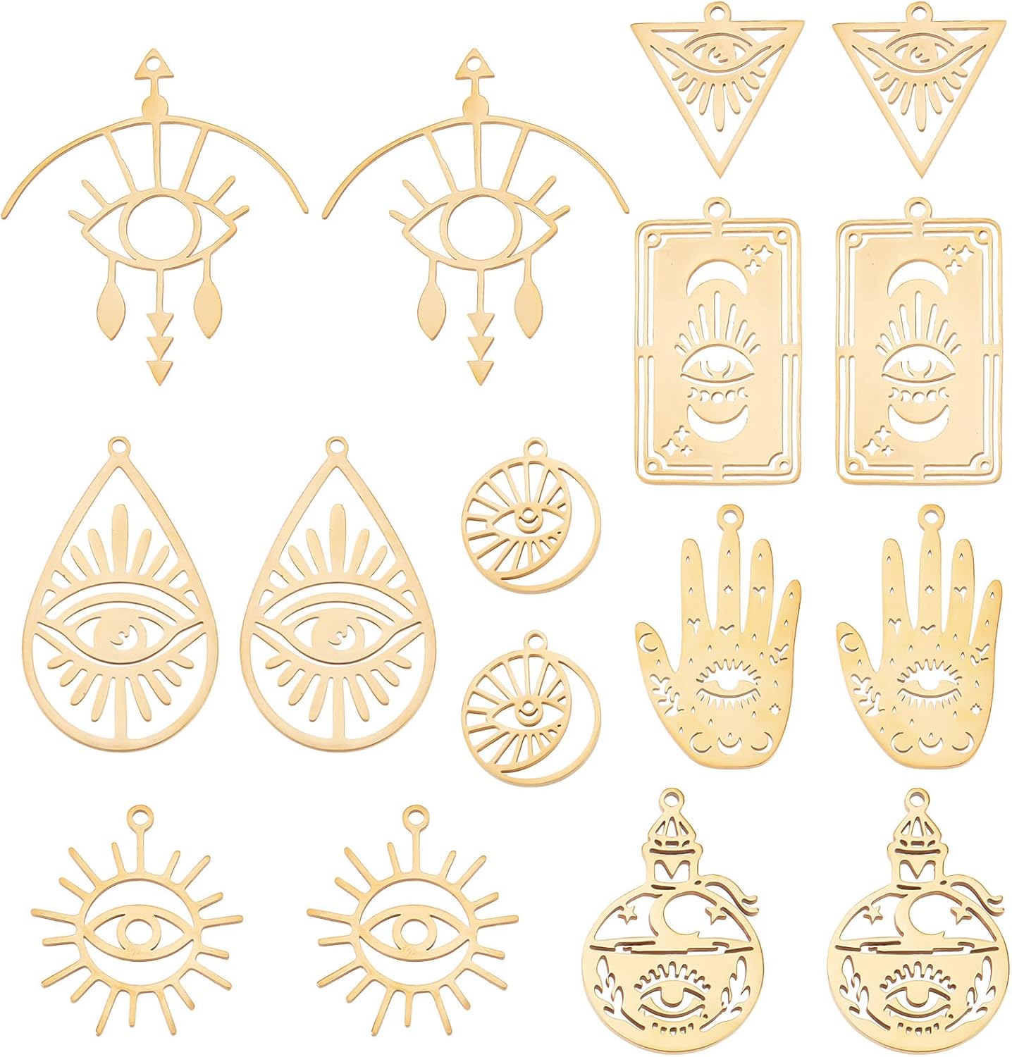 SUNNYCLUE 1 caja de 16 dijes de acero inoxidable estilo tarot Hamsa, mano de Hamsa, dije plano redondo de sol y luna, tarjeta rectangular de doble