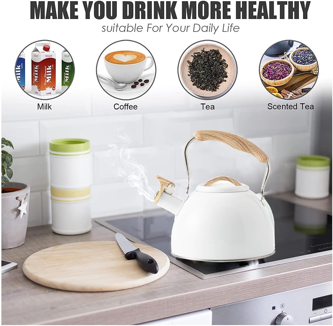 Tetera quirúrgica de acero inoxidable de 3 L con mango ergonómico de tacto fresco, tetera de acero inoxidable con mango frío, también para estufa de
