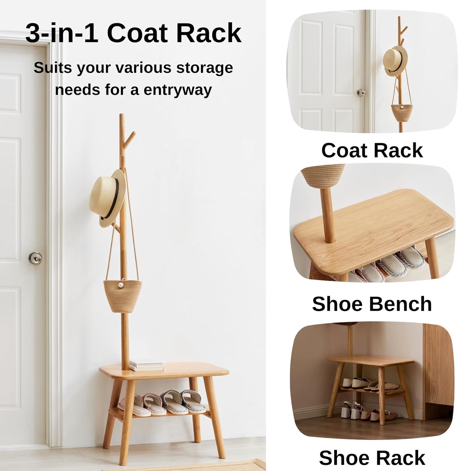 Árbol de pasillo 100% roble sólido, perchero para zapatos, pequeño árbol de entrada con banco para sala de estar, dormitorio (31.49 pulgadas,