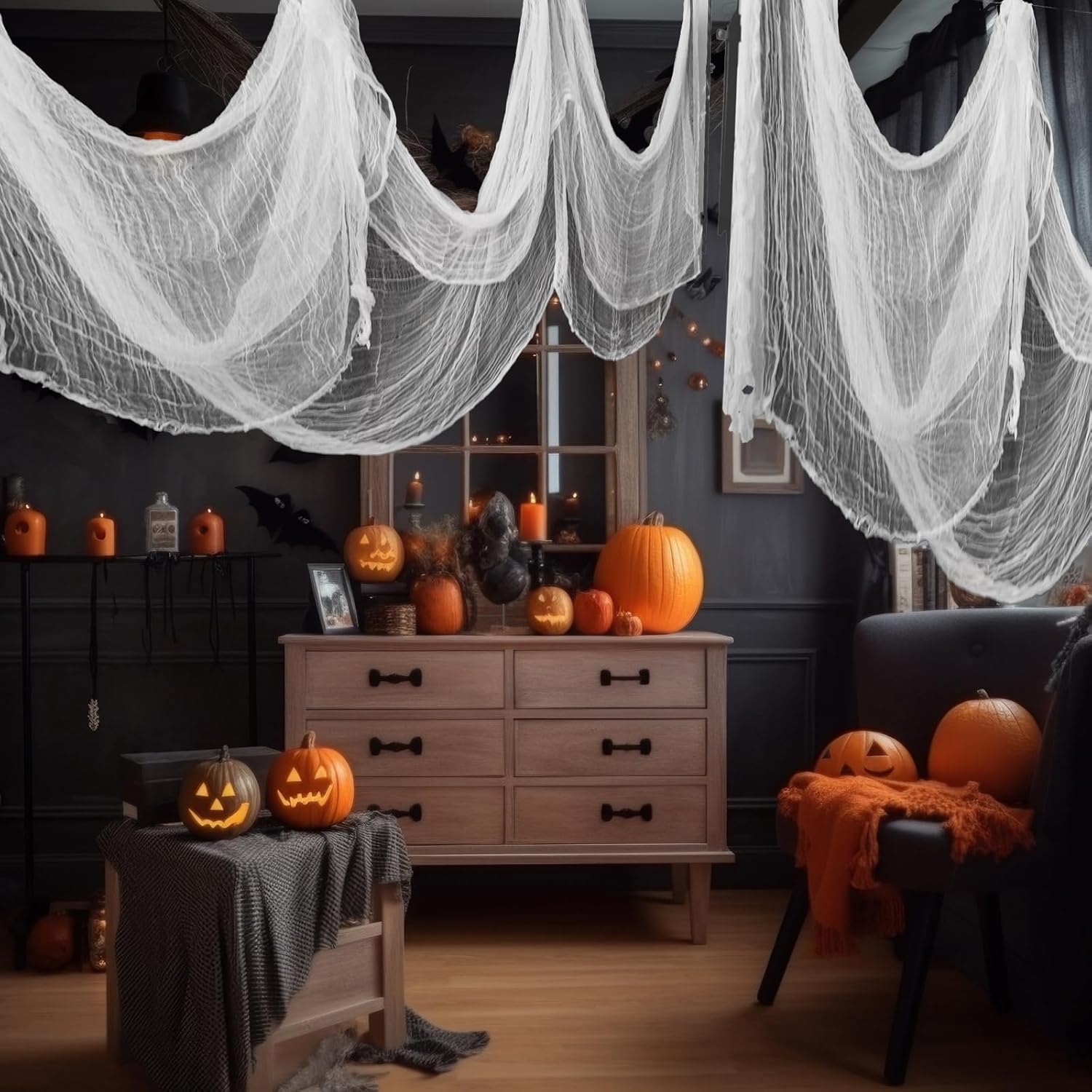 NEBURORA Tela espeluznante de Halloween de 200 x 85 pulgadas, color blanco, para decoración de fiesta de Halloween, para casa embrujada, cubierta de