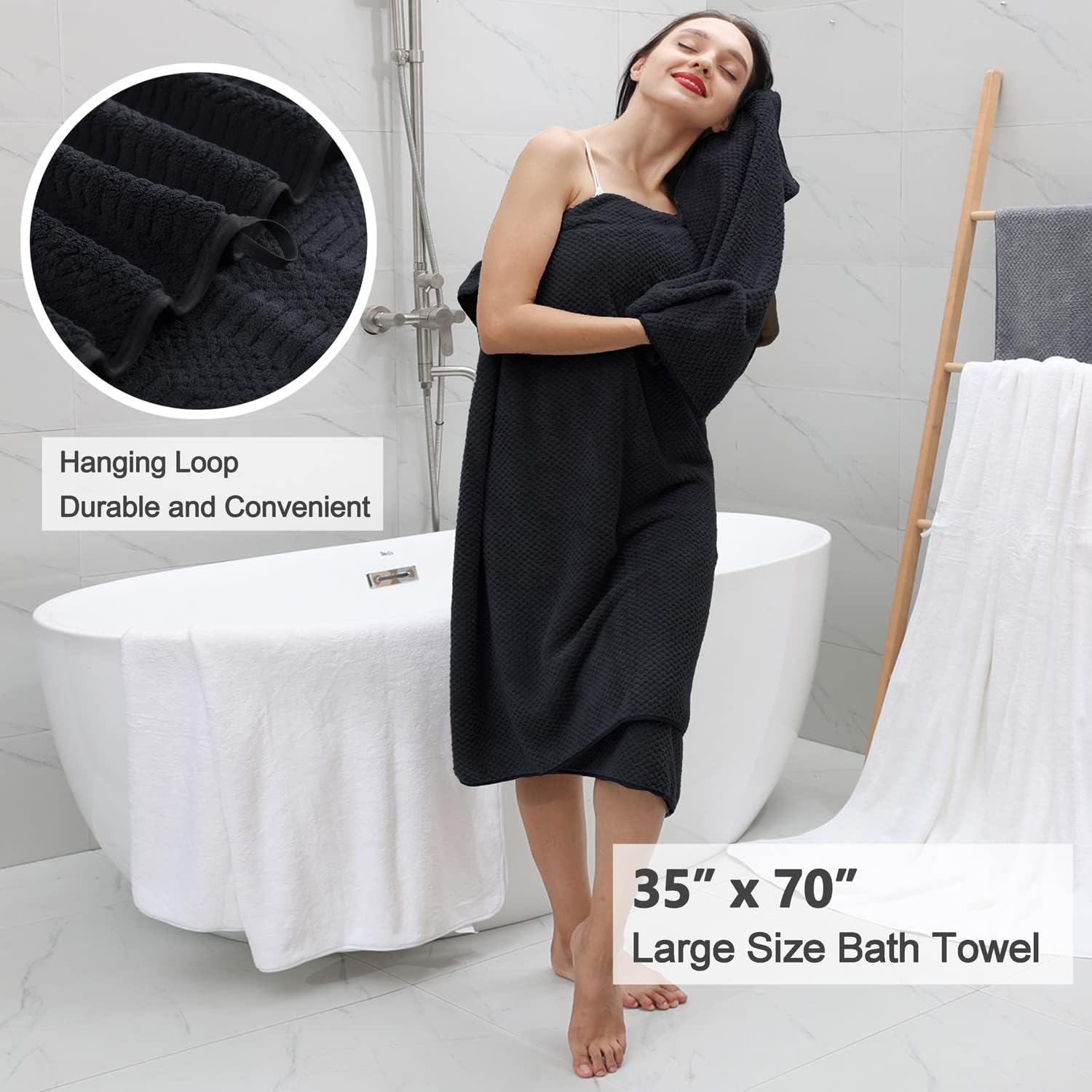 Juego de 4 toallas de baño grandes de 35 x 70 pulgadas, color negro, extra grandes, toallas jumbo de 600 GSM, suaves, altamente absorbentes, de