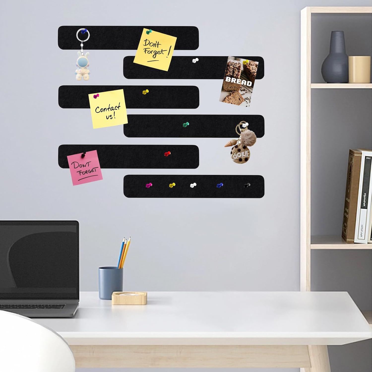 6 tiras rectangulares de fieltro de corcho con 35 chinchetas, autoadhesivas, tablero de anuncios para oficina, escuela, hogar, decoración de pared,