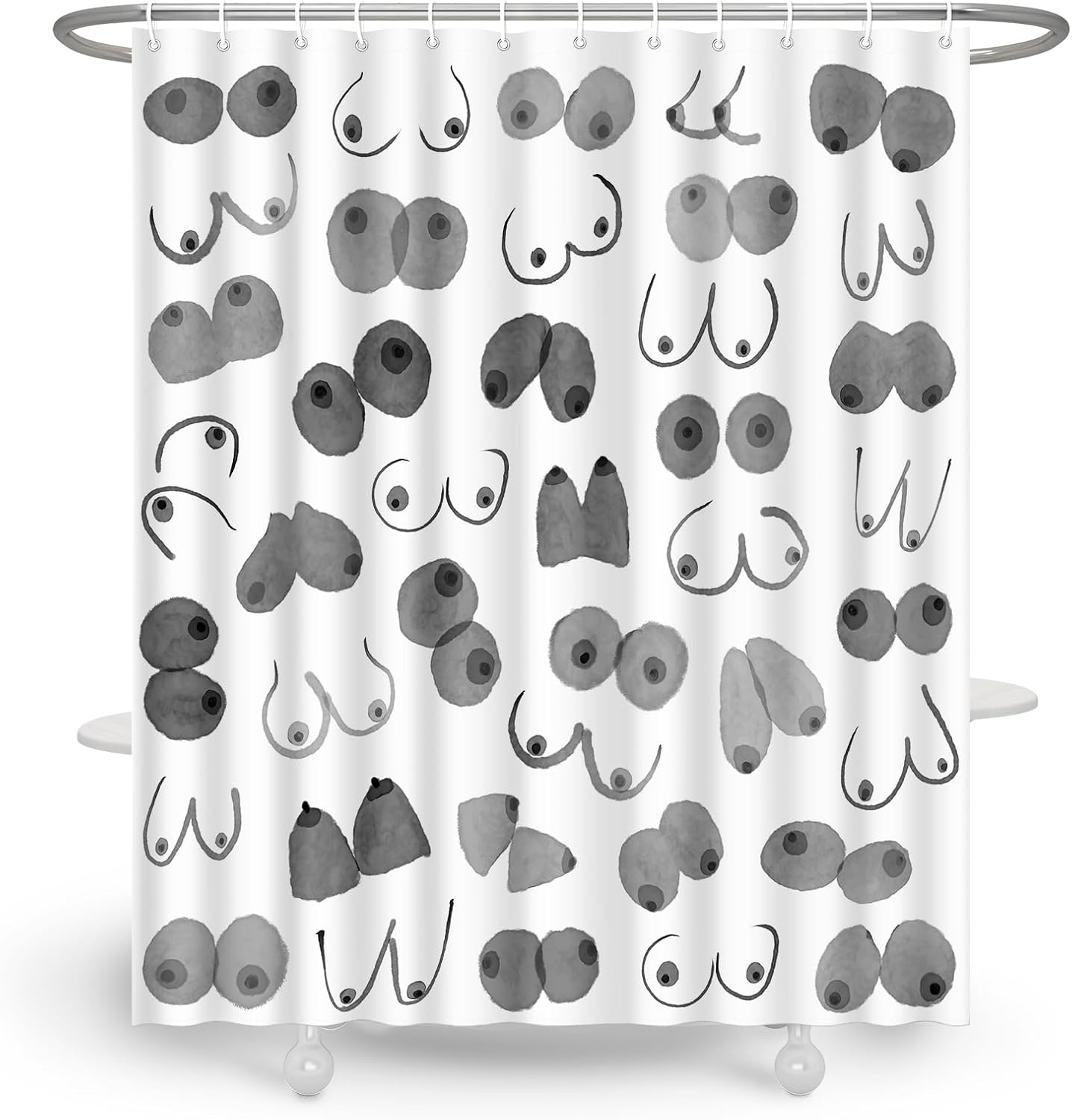 Juego de cortina de ducha con pechos negros y blancos, juego de cortina de ducha para mujer, divertida cortina de baño con 12 ganchos de 72 x 72