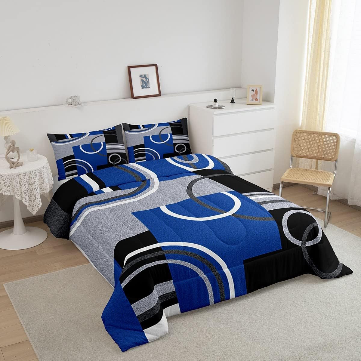 Juego de ropa de cama azul real, negro y gris, juego de edredón de espiral, diseño de rayas abstractas con estampado geométrico a cuadros, edredón