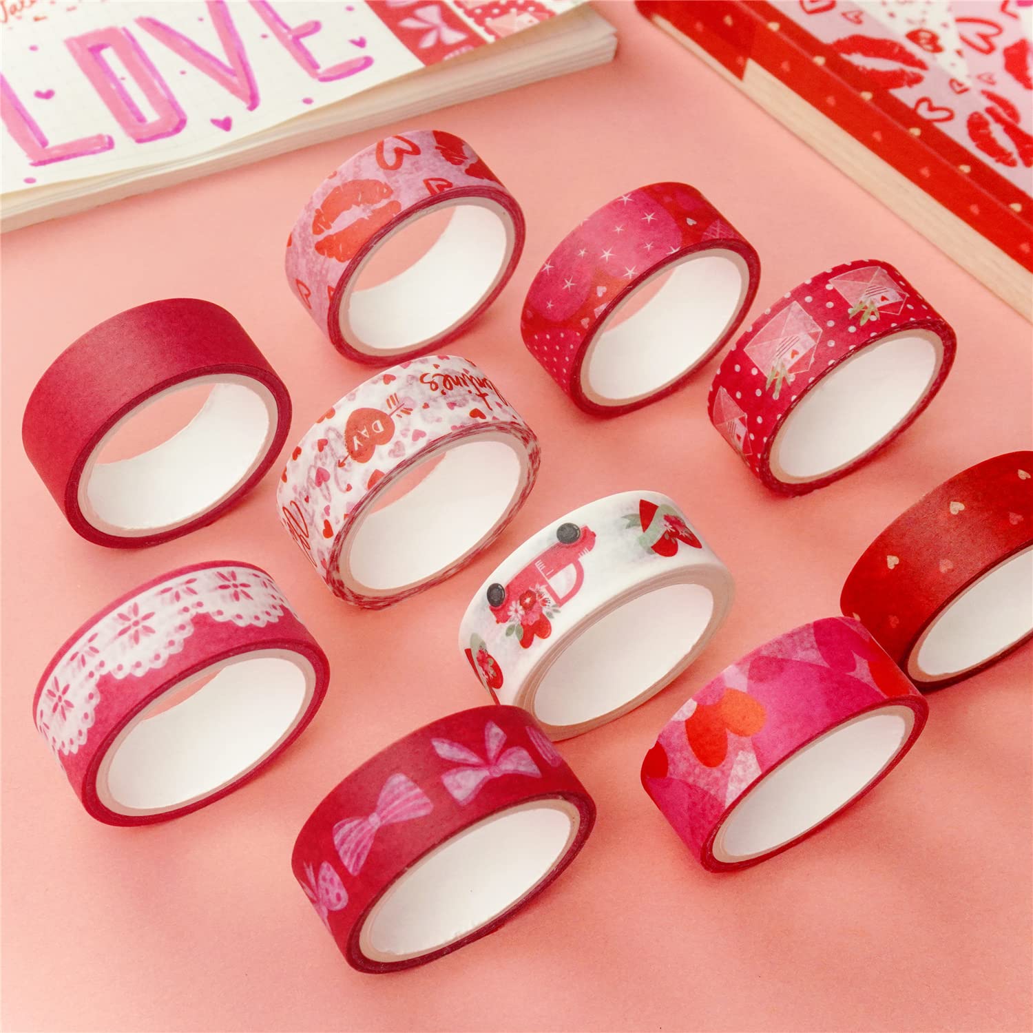 Zo.Yehaa 10 rollos de cinta adhesiva Washi para el día de San Valentín, boda, aniversario, rojo, cinta adhesiva decorativa para diario de viñetas,