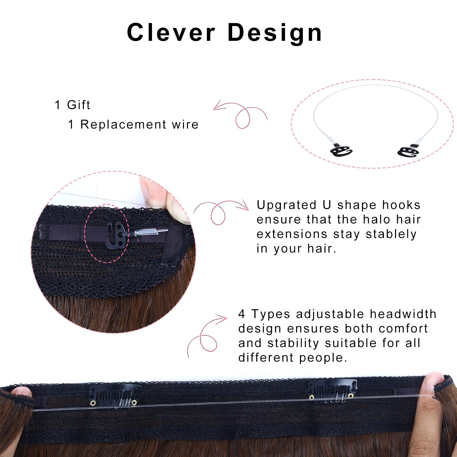 Extensiones de cabello tipo aureola, extensiones de cabello grueso con alambre invisible, 5 tipos, tamaño de cabeza ajustable, ondulado, rizado,