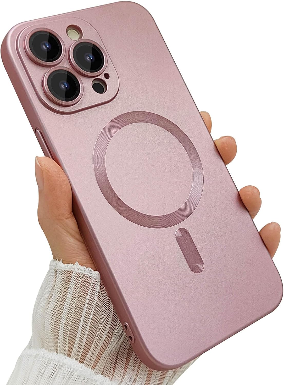 Funda magnética para iPhone 15 Pro Max para mujer, diseño de brillo metálico suave mate de lujo con protector de lente de cámara, compatible con