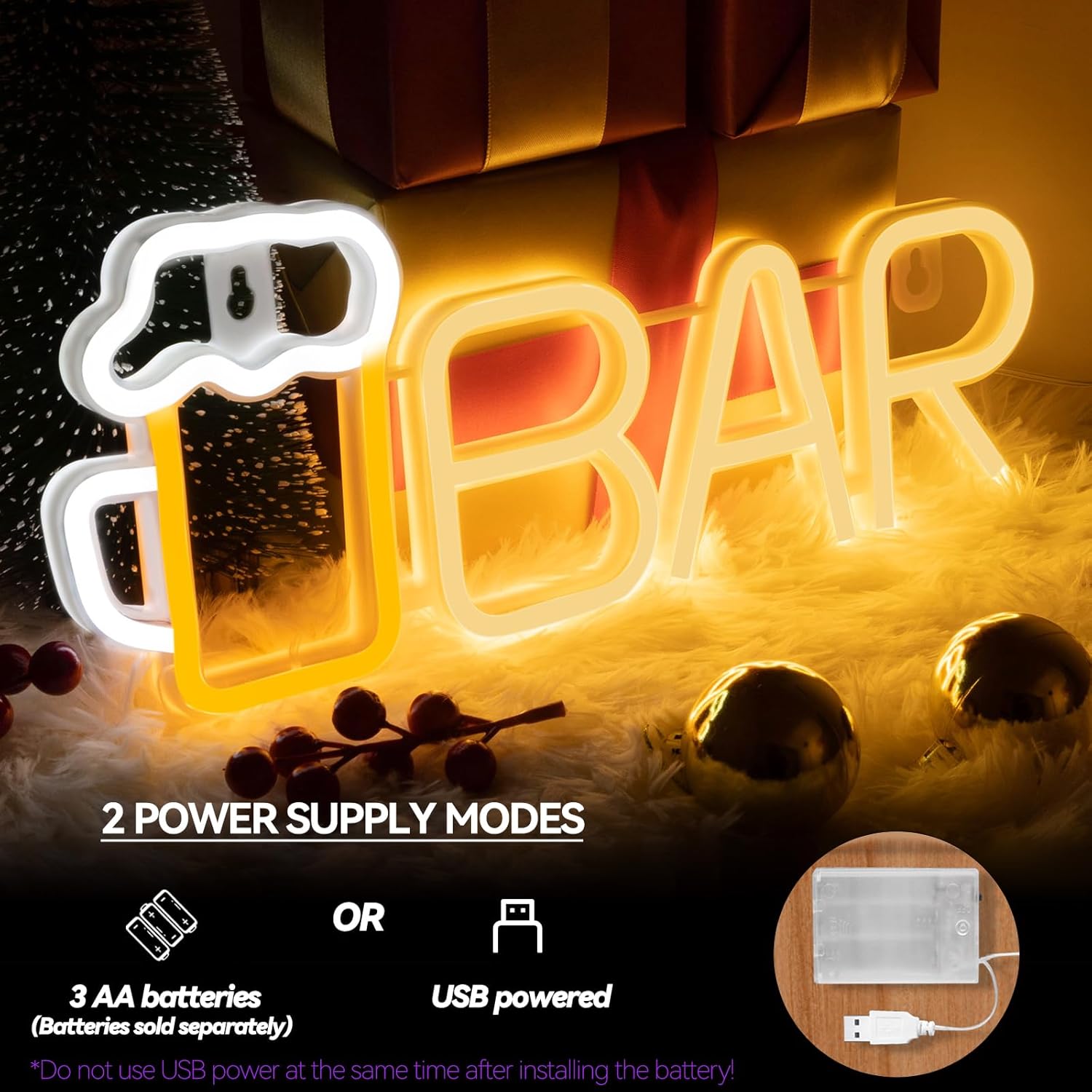 PIKPEOD Letrero de neón de barra de color blanco cálido, letreros de cerveza de neón con USB o batería con cadena colgante para hombre, letreros de