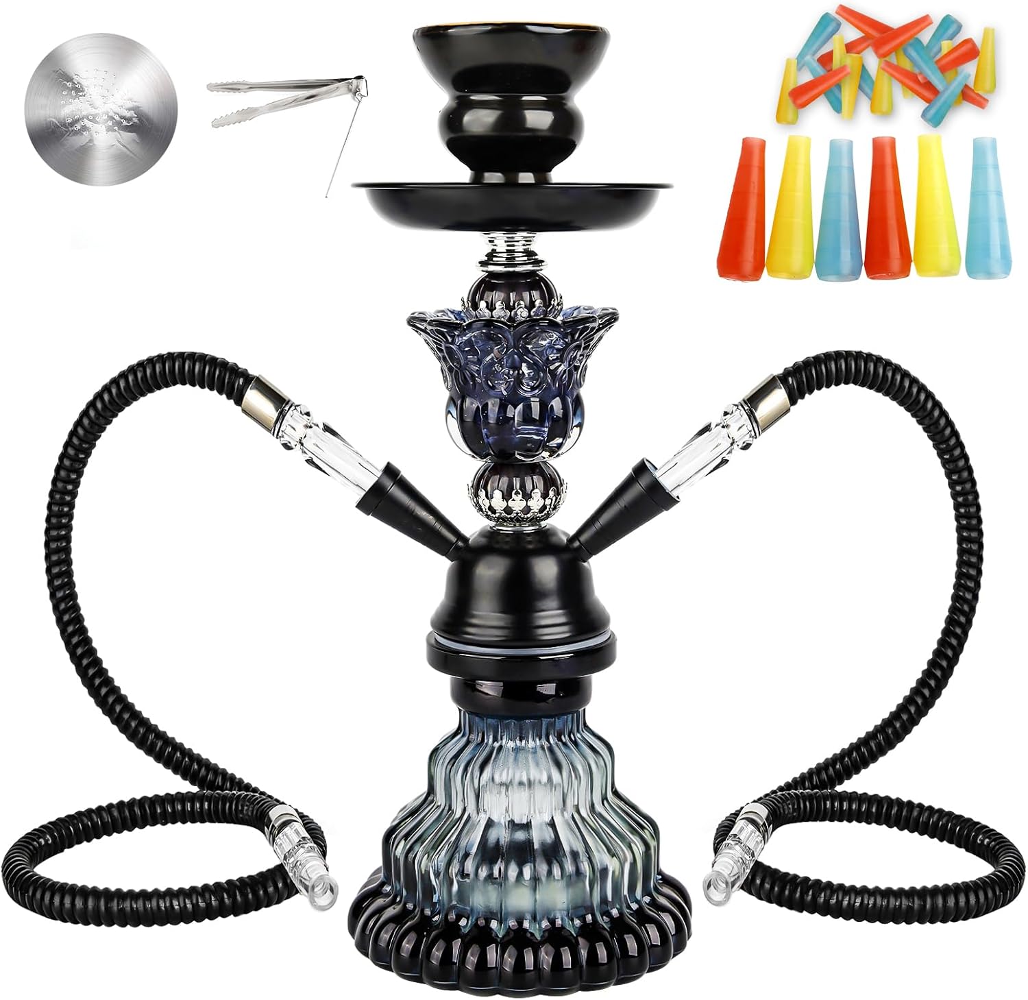 Juego de 2 mangueras de cachimba  Juego de cachimba pequeño de 11 pulgadas con jarrón de vidrio, cuenco de cerámica, manguera de cuero, pinzas de