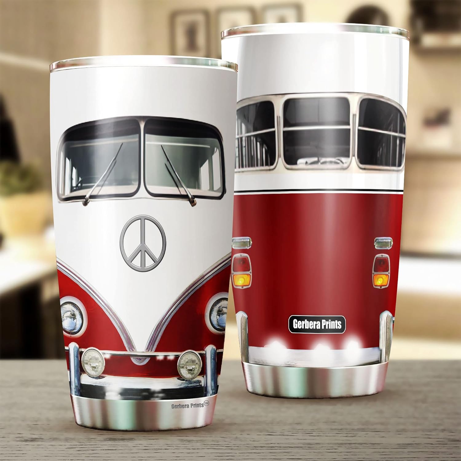 Gerbera Prints Vaso de autobús hippie rojo  Vaso hippie de 20 onzas  Vaso con forma de autobús hippie  Taza Love Joy Peace  Vasos aislados para