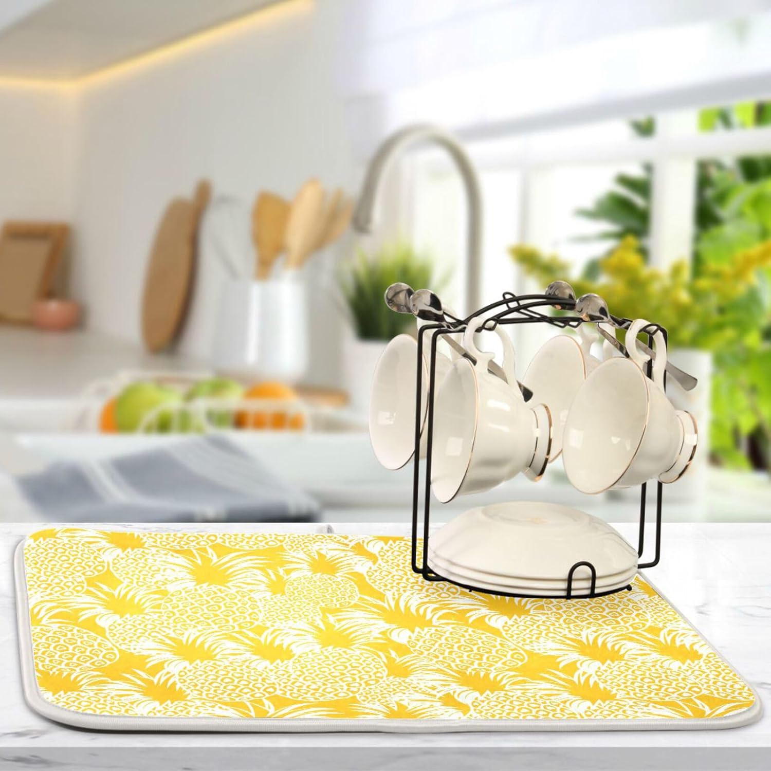 Tapete de secado de platos hawaiano tropical de piña amarilla brillante, lavable, absorbente, escurridor de platos, para encimera de cocina, tapete