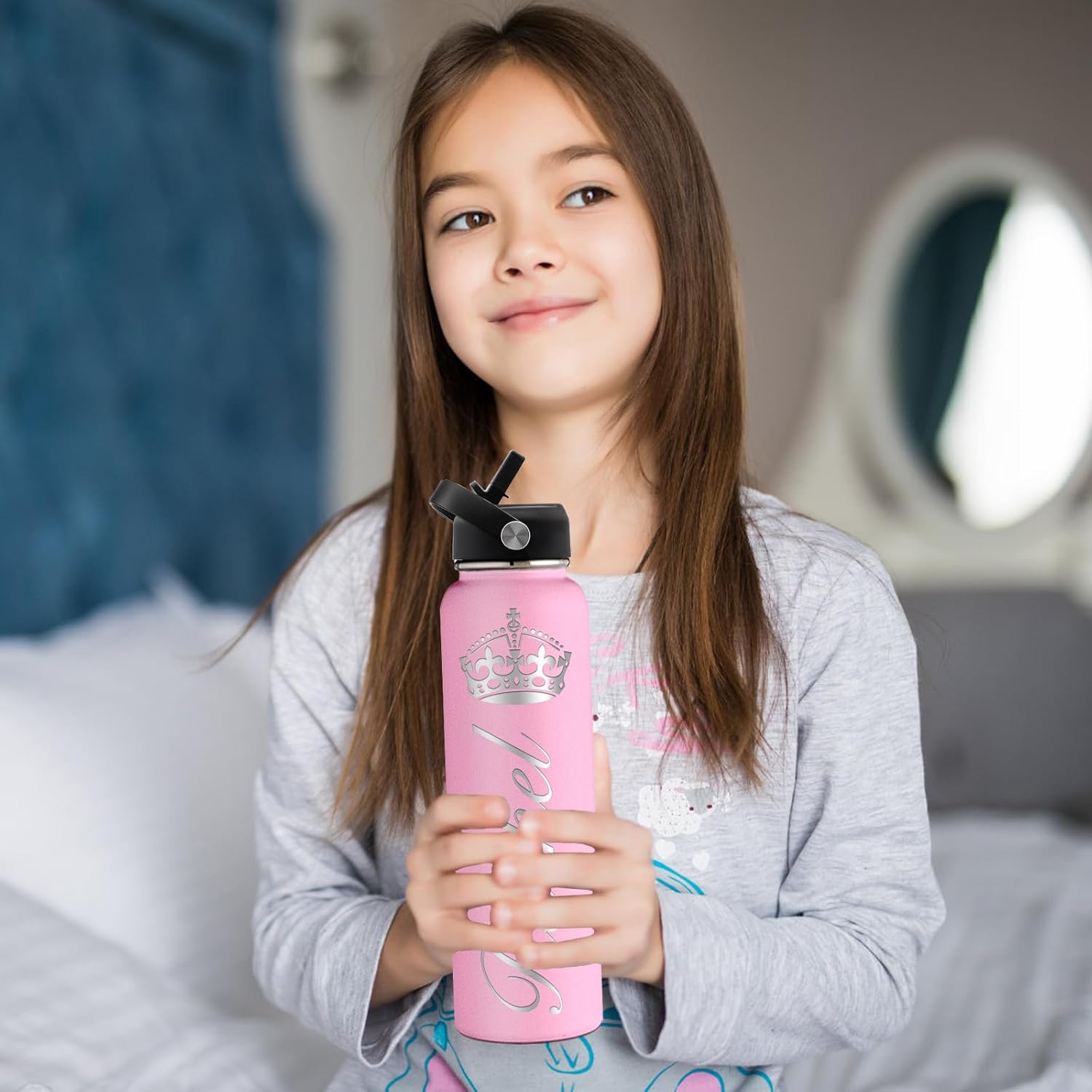 Botella de agua personalizada con aislamiento personalizado con tapa con popote, botellas de acero inoxidable grabadas personalizadas de 40 onzas