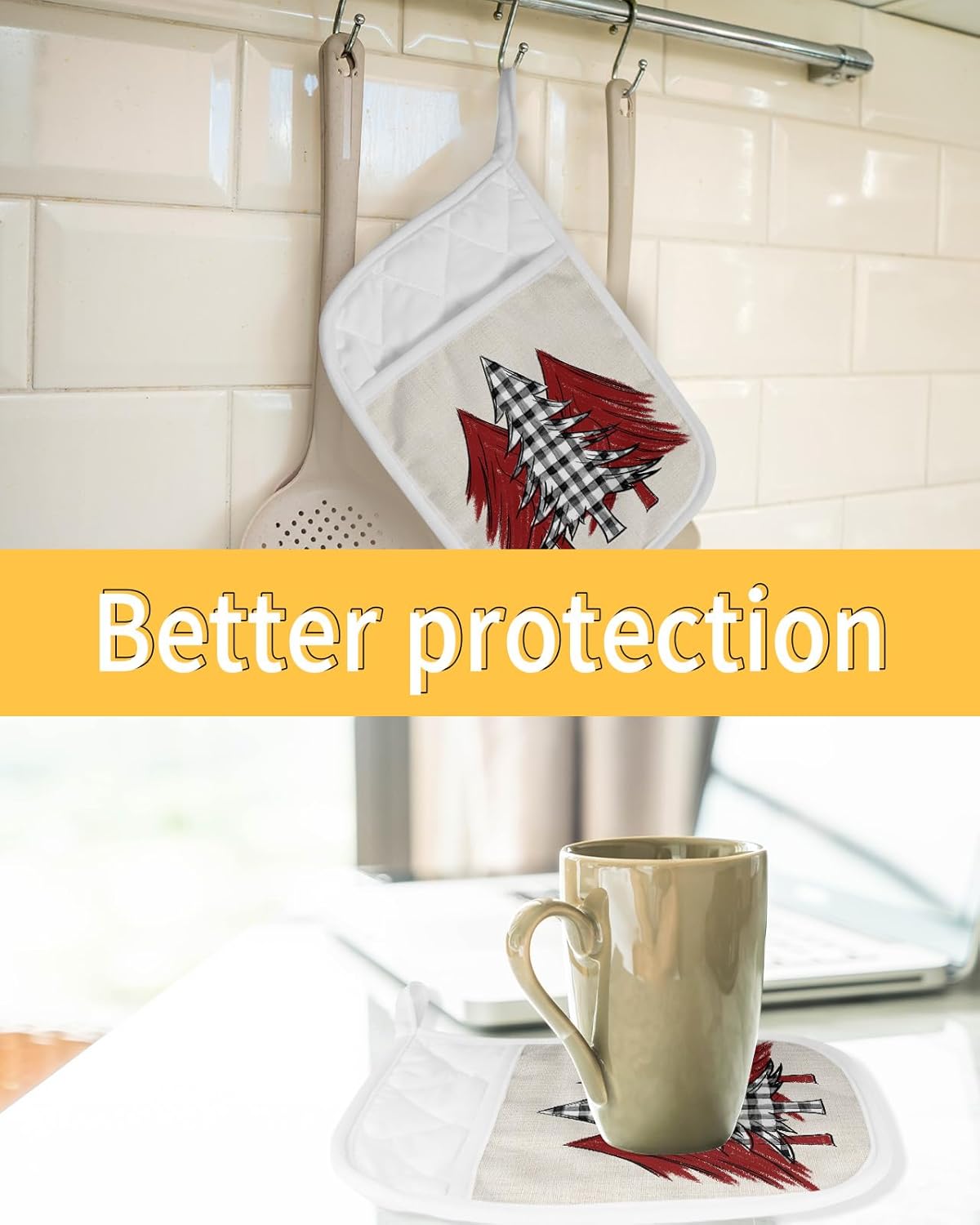 Xmas Tree Checkered 2Pcs Pot Holders for Kitchen,Non Slip & Heat Insulation Terry Cloth Potholder Set with Pocket,Thick Hot Pad Oven Mitts Trivet