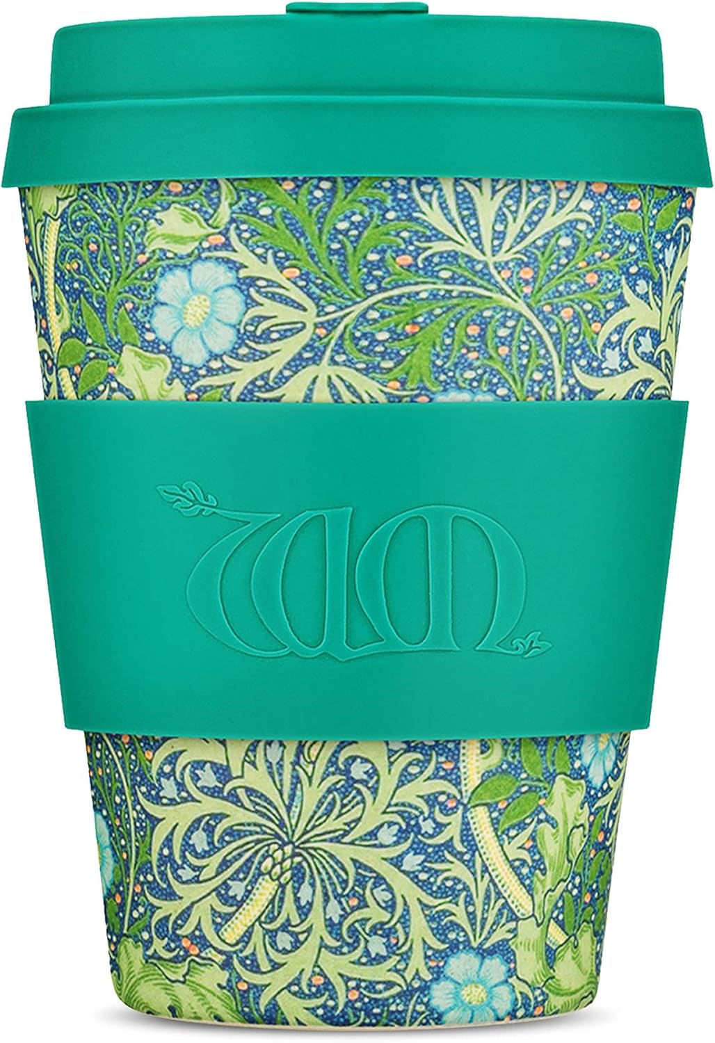 Ecoffee Cup + William Morris Seaweed Marine con silicona turquesa de 12 onzas, reutilizable y respetuosa con el medio ambiente para llevar
