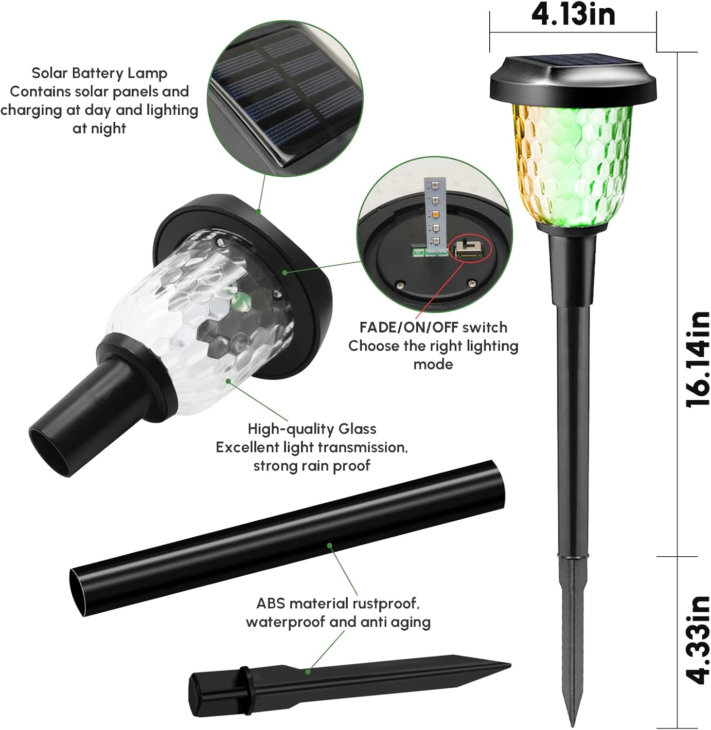 Paquete de 2 luces solares para camino, luces de cristal con estaca de paisaje que brillan hasta 12 horas para pasarela al aire libre, césped,