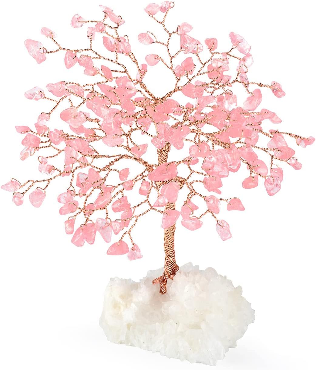 MASGEMES Gemstone Crystal Tree of Life,Natural Rose Quartz Clear Quartz Cluster Base,Healing Crystal Positive Energy Bonsai Feng Shui Money Tree