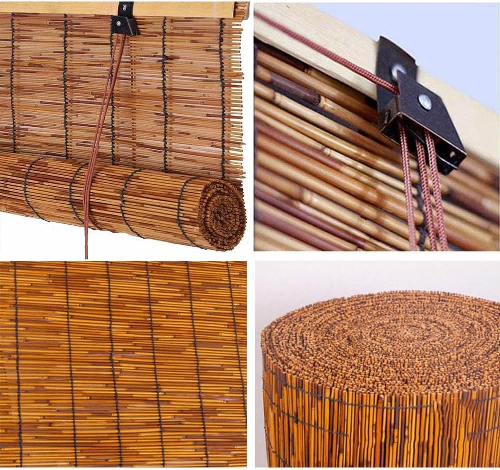 Persianas enrollables sin cordón retro para exteriores, de bambú, enrollables, romanas, para porche, persianas enrollables con junco, protección de