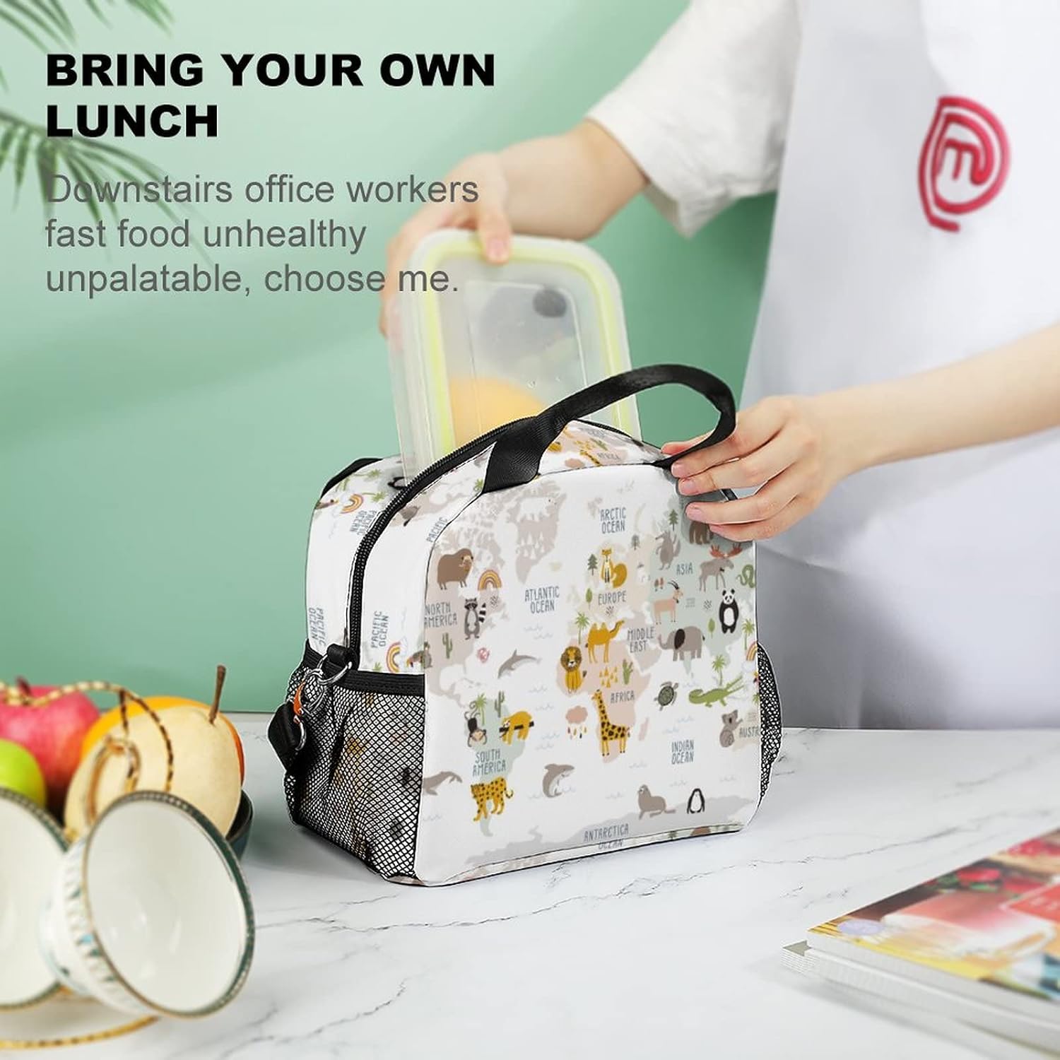 Niapessel Bolsa de almuerzo para mujeres, niños, niñas, niños, aislada, mapa del mundo animal, multicolor, impreso, lonchera térmica con soporte