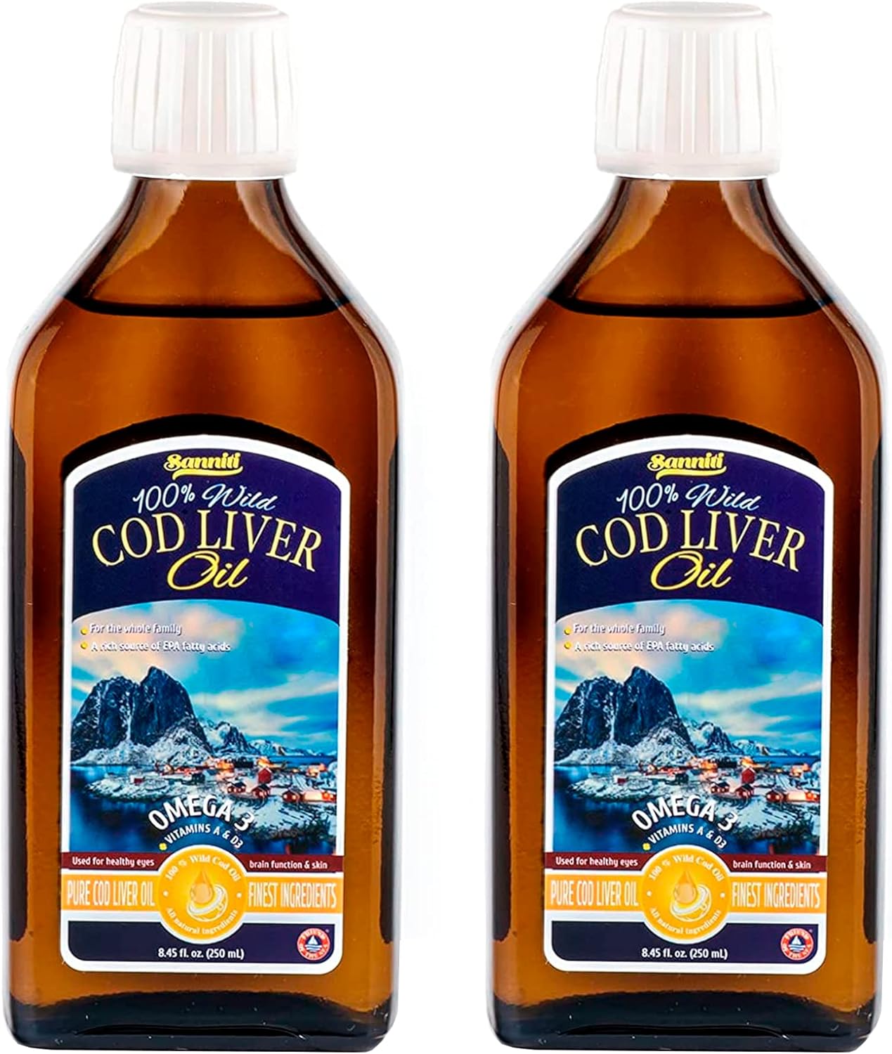 Sanniti Aceite de hígado de bacalao 100% natural, salvaje capturado nórdico, 8.5 fl oz (paquete de 2) (sin sabor)
