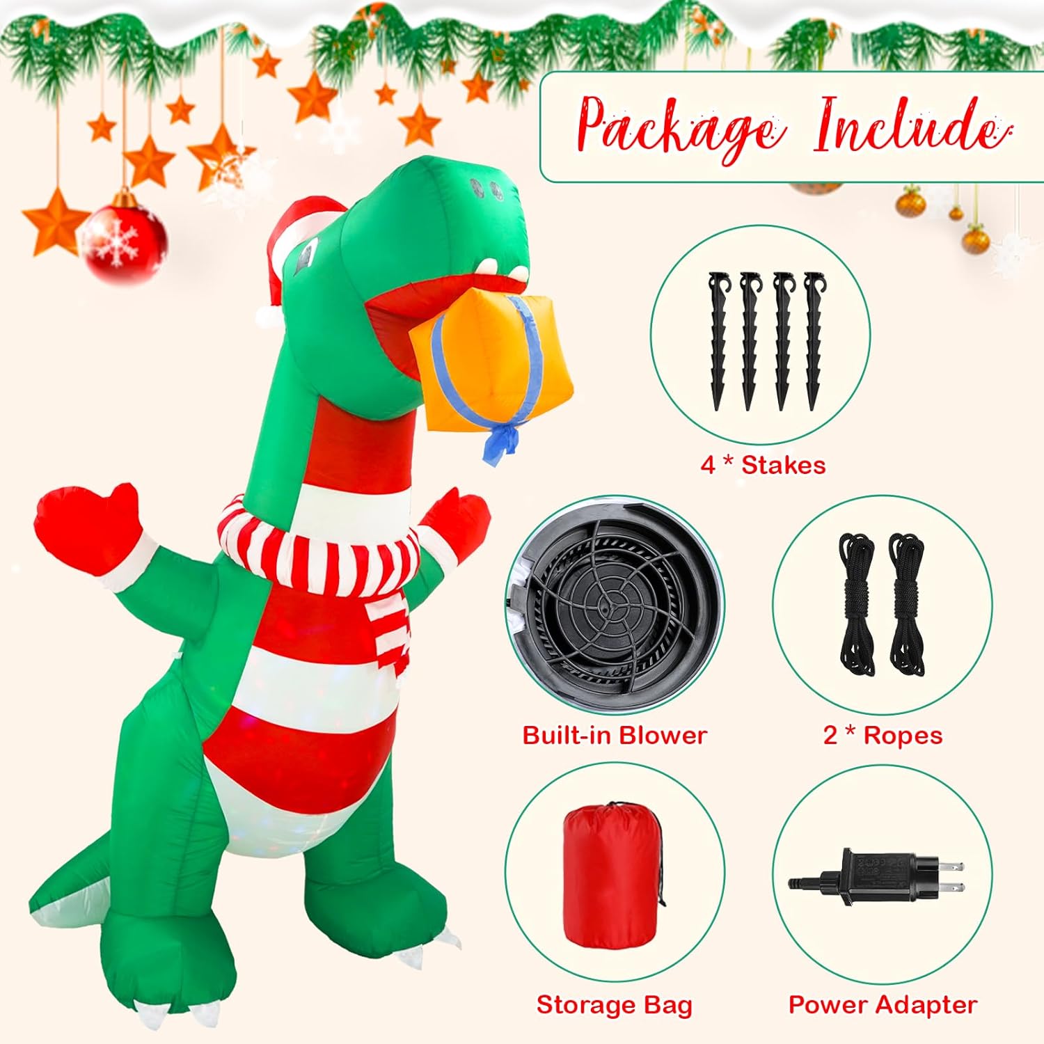 Inflables de Navidad de 8 pies para decoración al aire libre, dinosaurio inflable de Navidad, decoración de patio con sombrero de Navidad y caja de