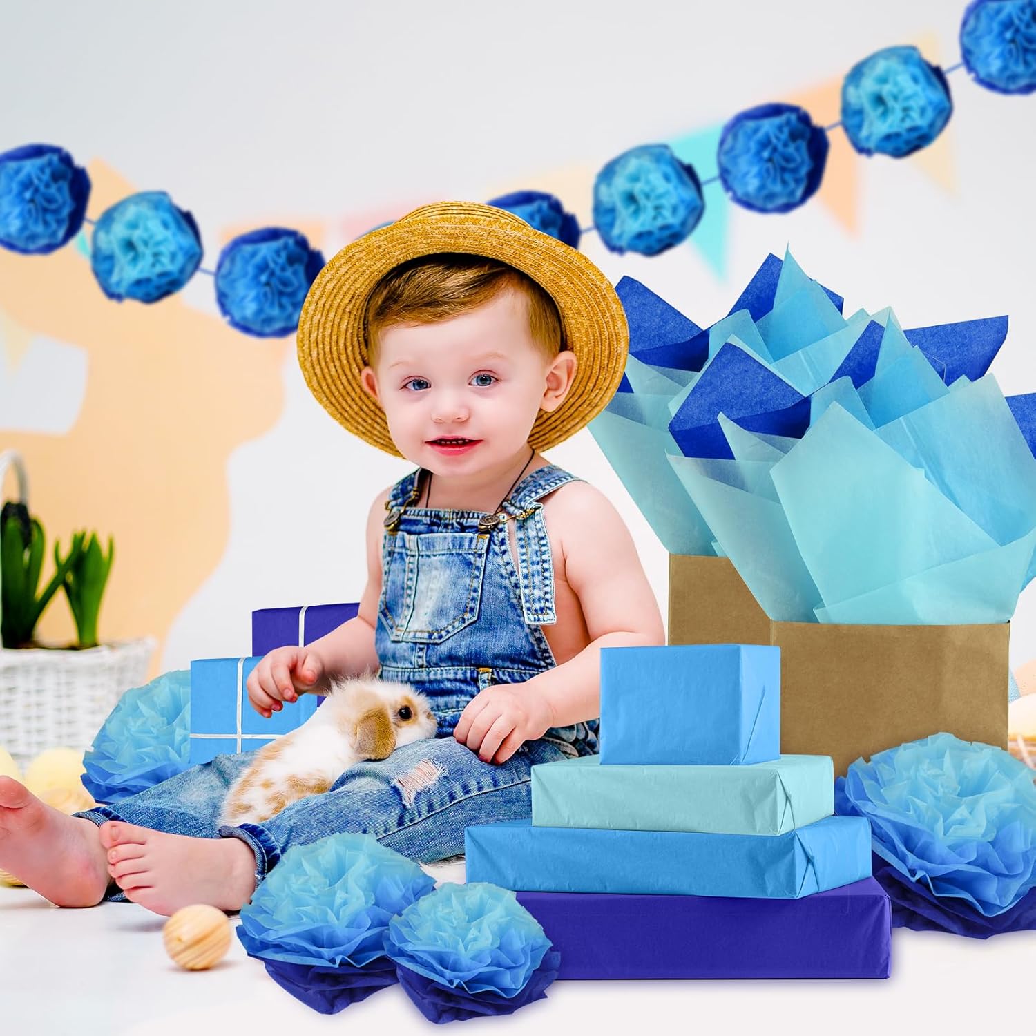 NEBURORA Juego de 60 hojas de papel de regalo azul surtido, 3 colores para regalos de bricolaje, embalaje de Pascua, baby shower, cumpleaños, boda,