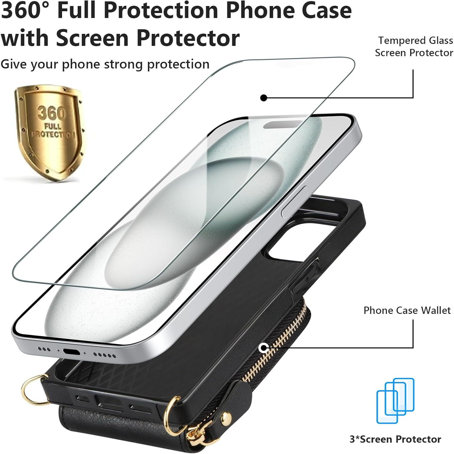 JAKPAK Funda compatible con iPhone 15, funda de piel con cremallera y tarjetero + protector de pantalla 3 unidades, funda protectora con cordón para