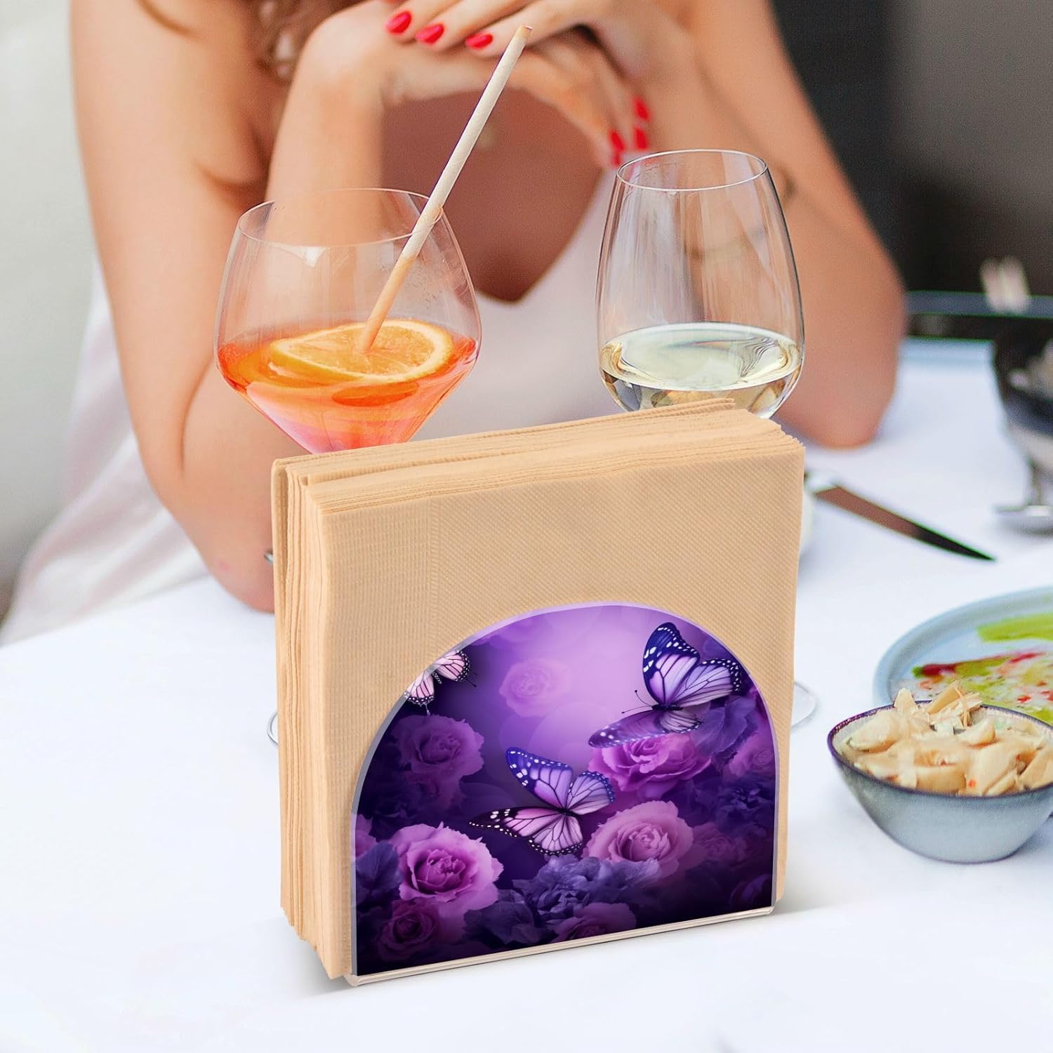 Servilletero de mariposa púrpura para mesa, acrílico vertical antideslizante, dispensador de papel de seda independiente para cocina, restaurante,