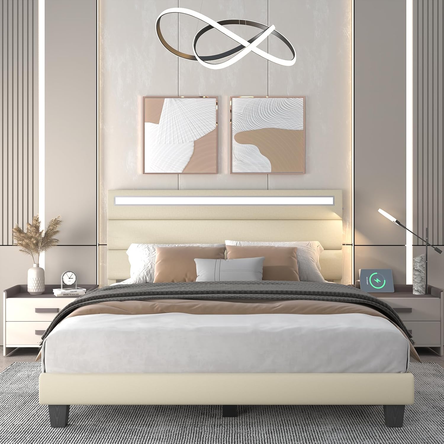 Base de cama de tamaño matrimonial con estación de carga y luces LED, marco de cama tapizado moderno con cabecero, camas de tela de lino, listones