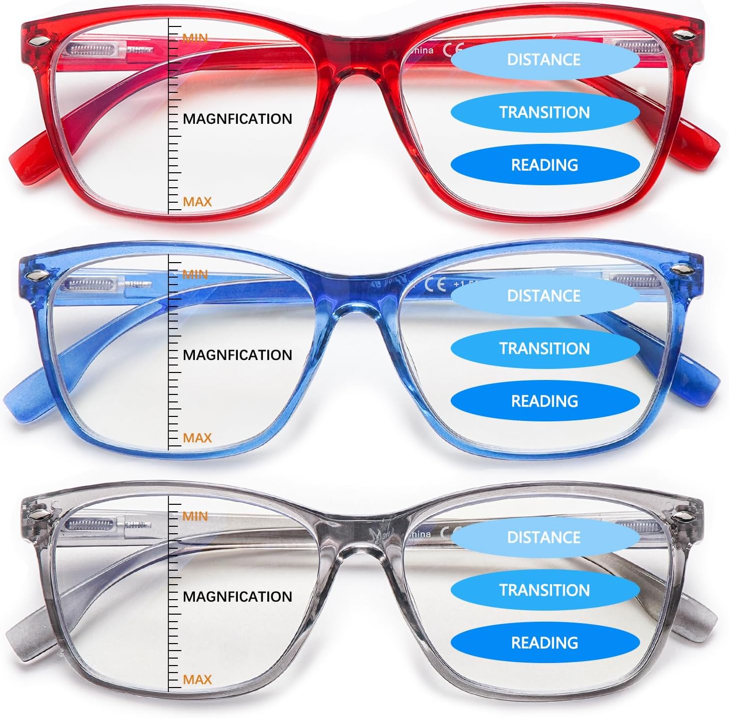 VIDEBLA Paquete de 3 lentes de lectura progresivos multienfoque para mujeres y hombres, bloqueo de luz azul, bisagras de resorte para computadora