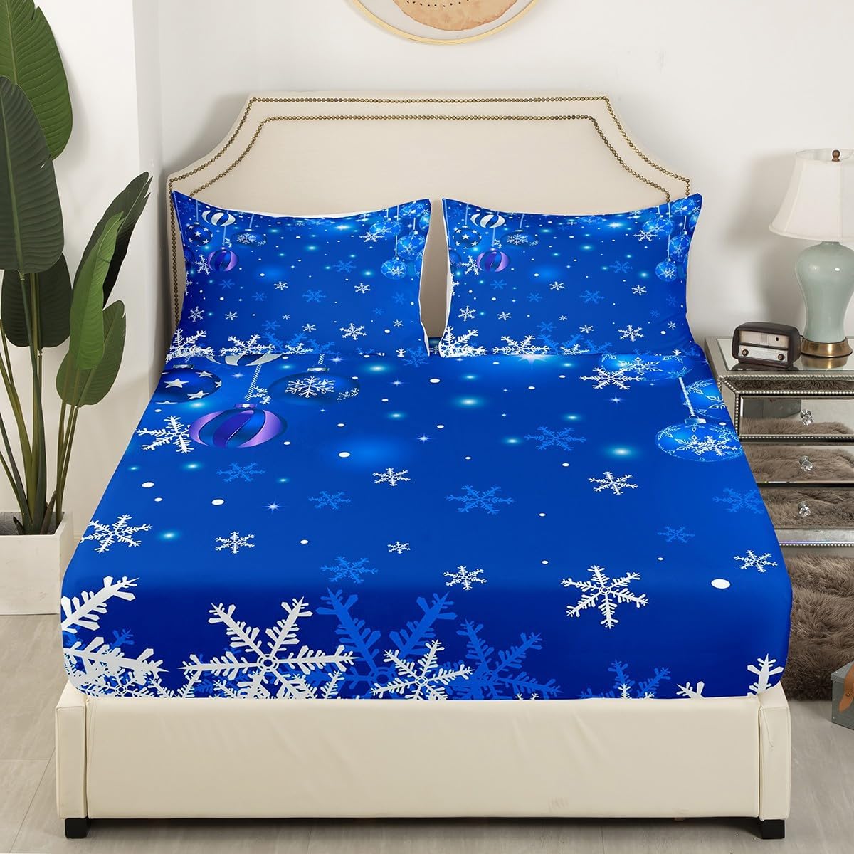 Erosebridal Juego de sábanas con diseño de copo de nieve blanco degradado azul, 4 piezas, sábana bajera ajustable de Feliz Navidad, regalo de Año